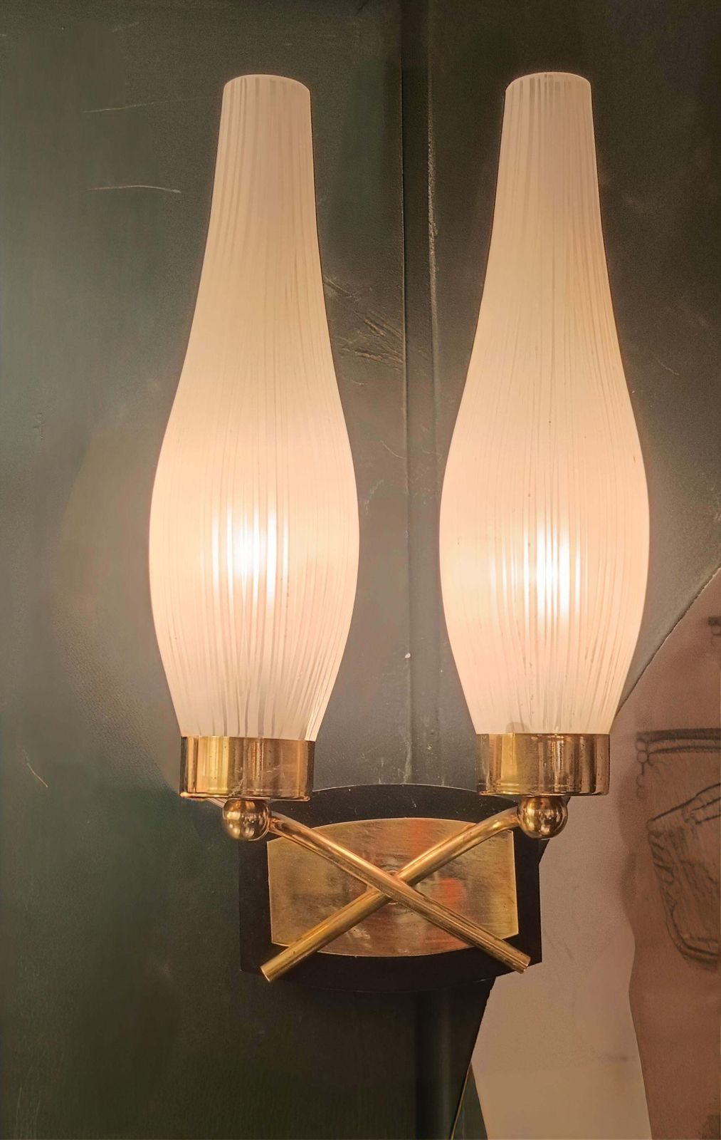 Pair Of Brass And Vertro Opaline Ribbed Wall Lamps, Italy 1950s photo for sale