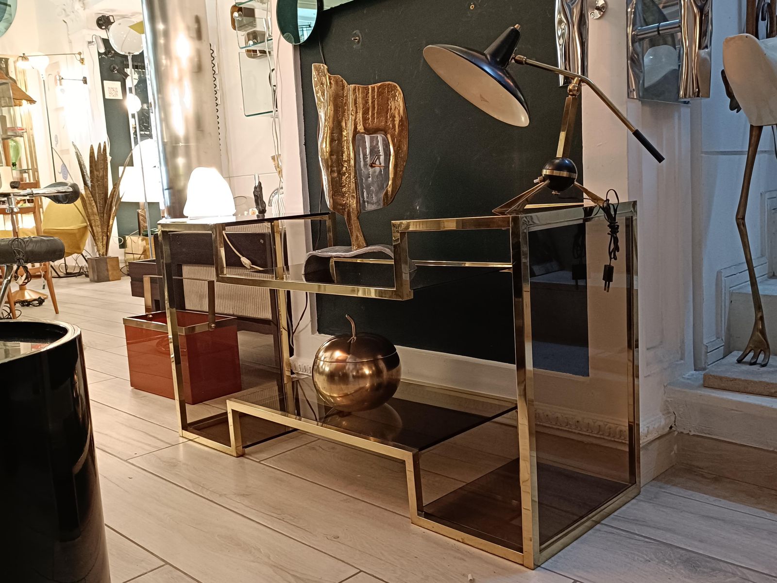 Romeo Rega Elegant Etagere In Brass And Smoked Glass, Italy 1970s photo 2308.0