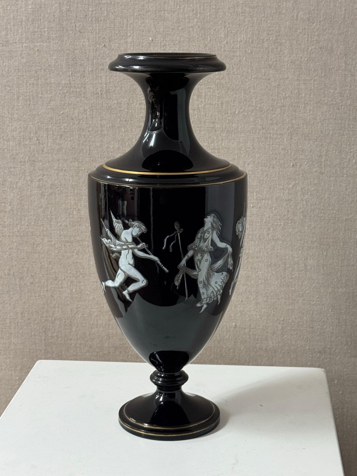 Bohemian Black Glass Vase Decorated With Grecian Figures Circa 1890 photo Home Decor