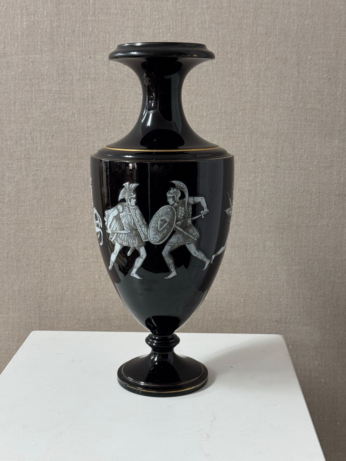 Bohemian Black Glass Vase Decorated With Grecian Figures Circa 1890 photo vinterior