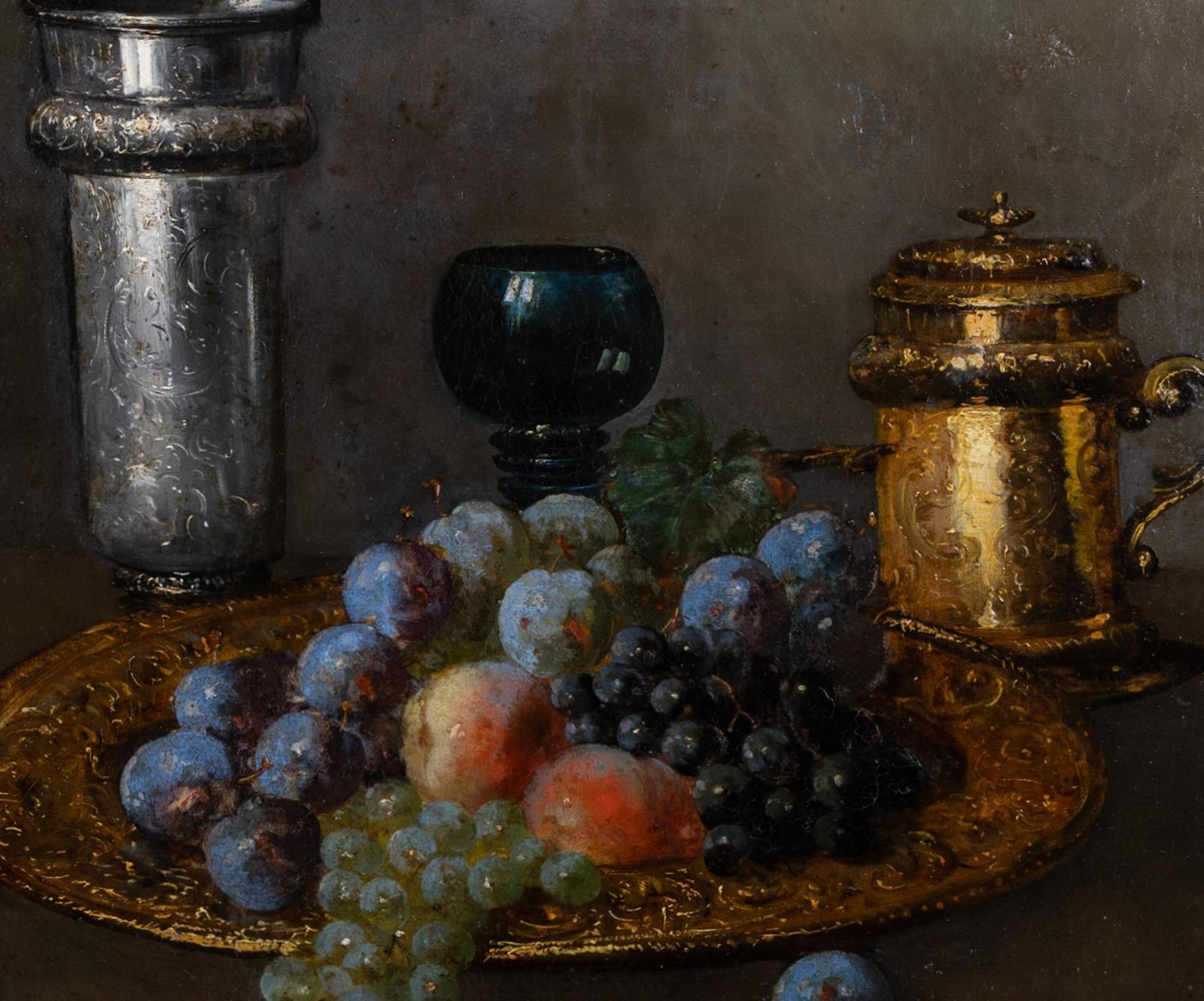Antique Original French Still Life Oil On Canvas Painting   Grapes, Plums photo for sale