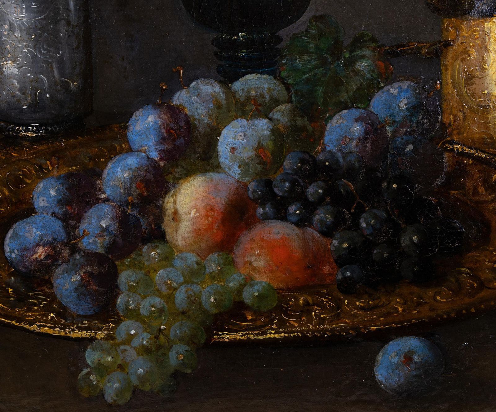 Antique Original French Still Life Oil On Canvas Painting   Grapes, Plums photo Art