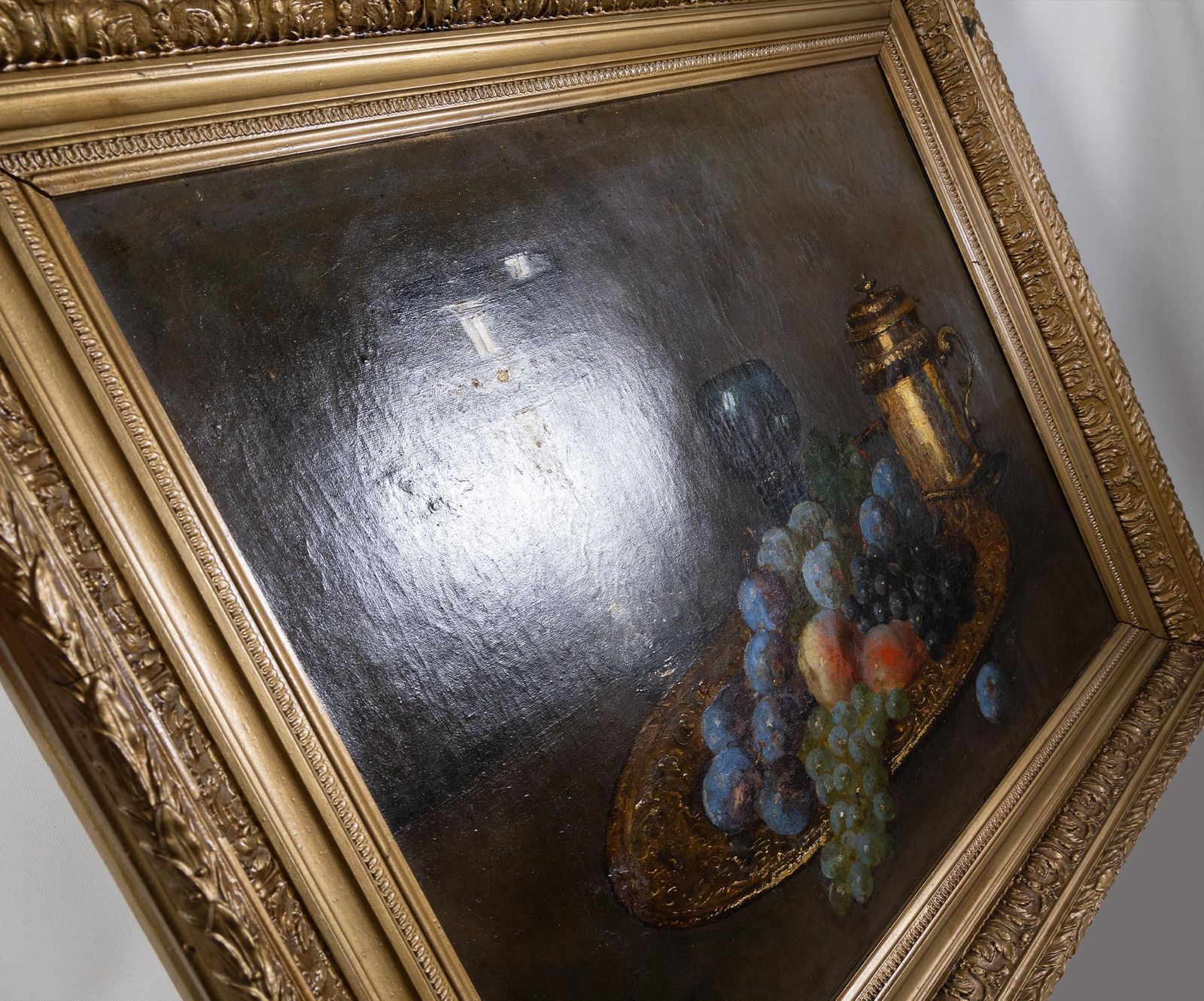Antique Original French Still Life Oil On Canvas Painting   Grapes, Plums photo vinterior