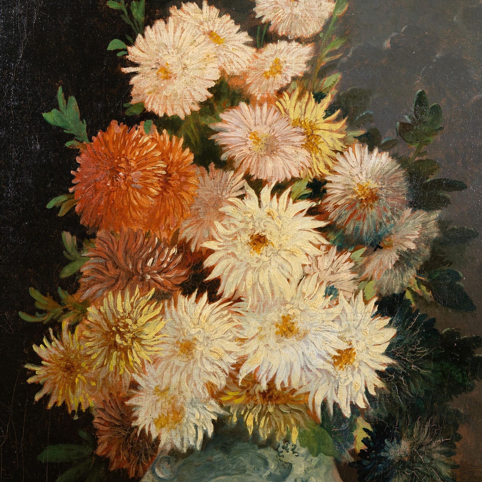 Vase Of Chrysanthemums On An Entablature, 1898 Oil On Canvas, Signed And Dated photo 1175.0
