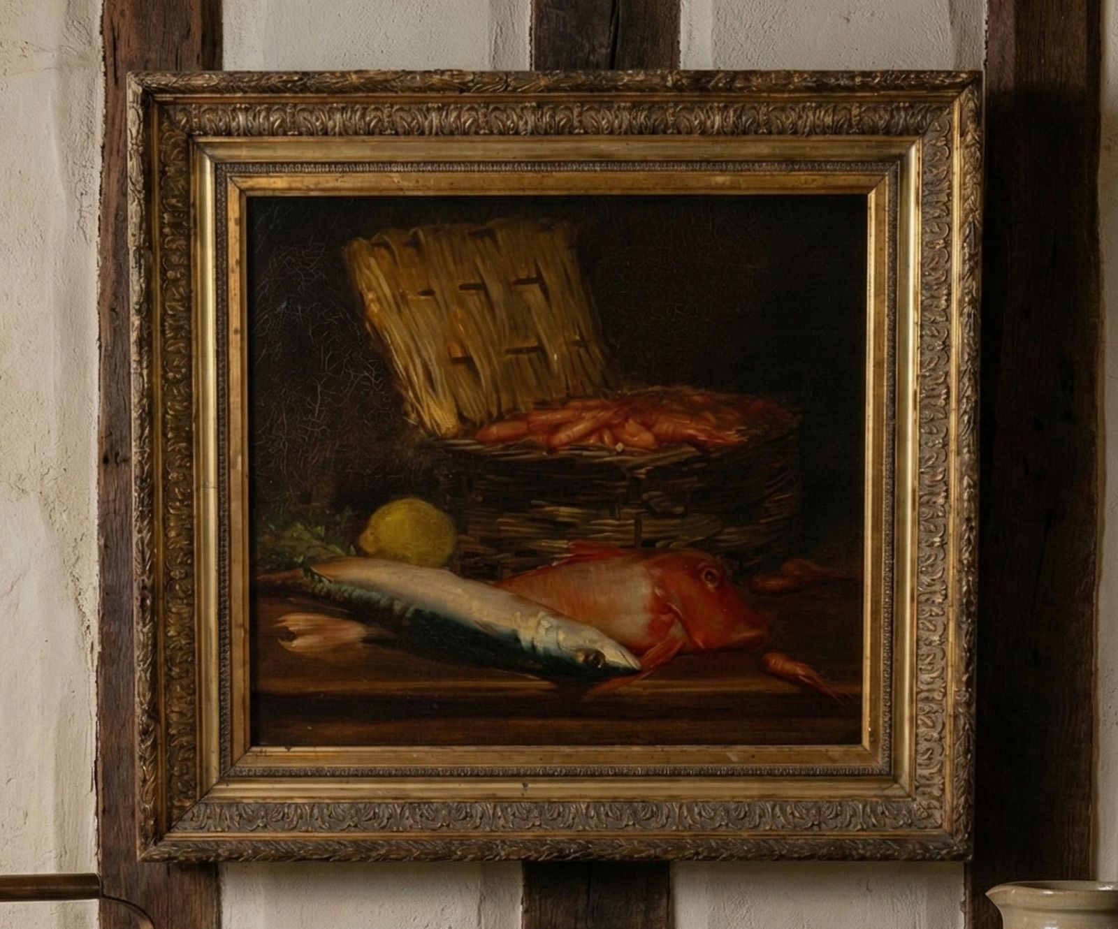 Mid 19th Century French Still Life With Fish & Prawns – Original Oil On Canvas photo furniture