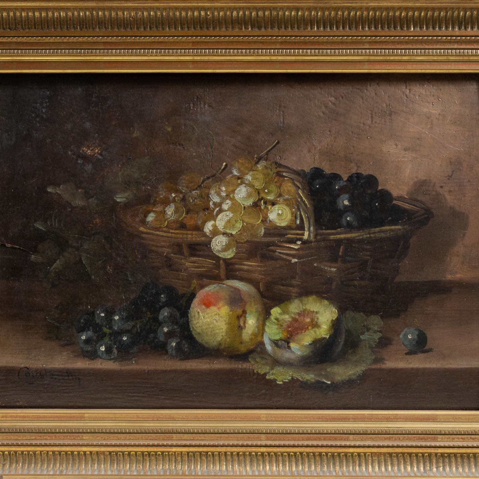 Antique 19th Century French Still Life – Peaches & Grapes, Oil On Oak Panel photo furniture