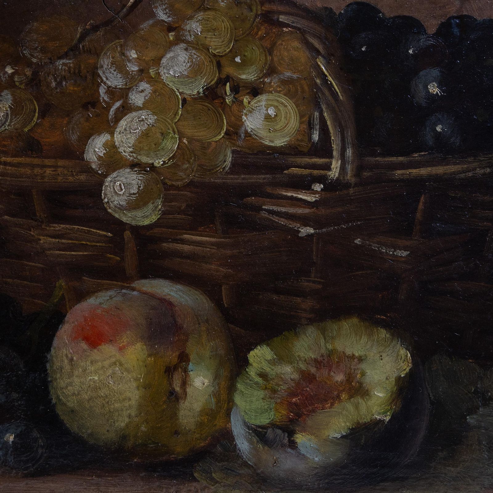 Antique 19th Century French Still Life – Peaches & Grapes, Oil On Oak Panel photo Art