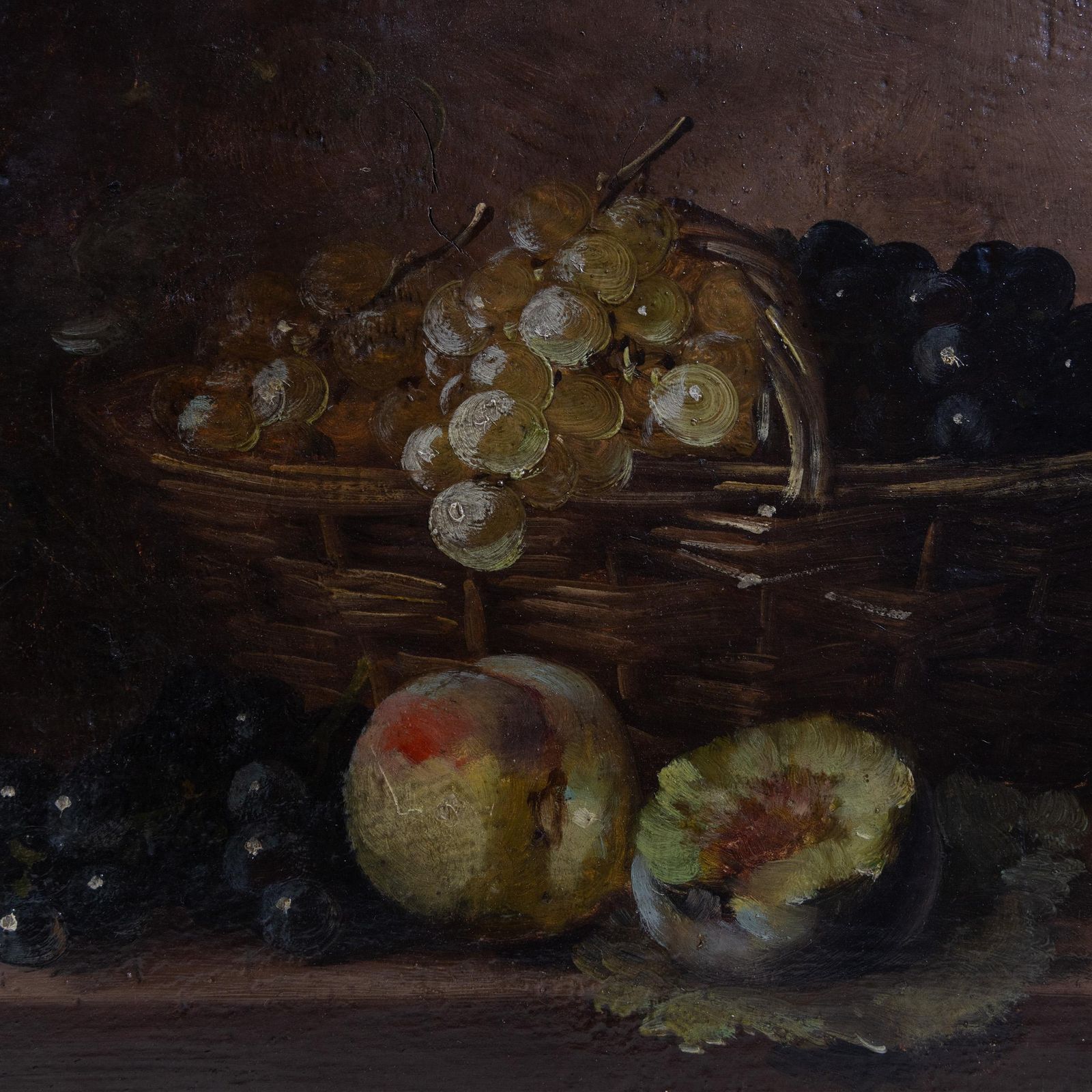 Antique 19th Century French Still Life – Peaches & Grapes, Oil On Oak Panel photo 1523.0