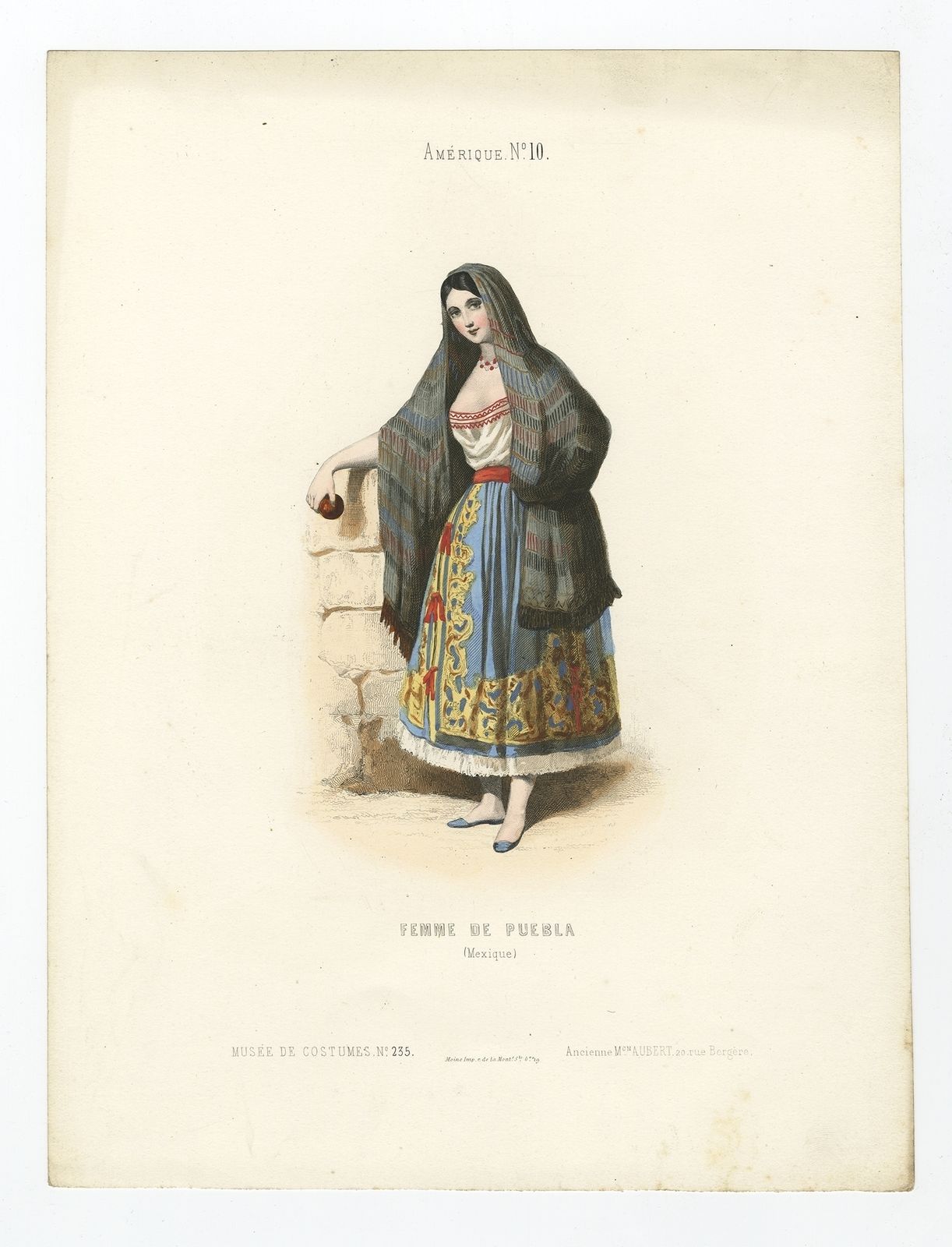 Antique Print Of A Woman From Puebla By Aubert (1850)