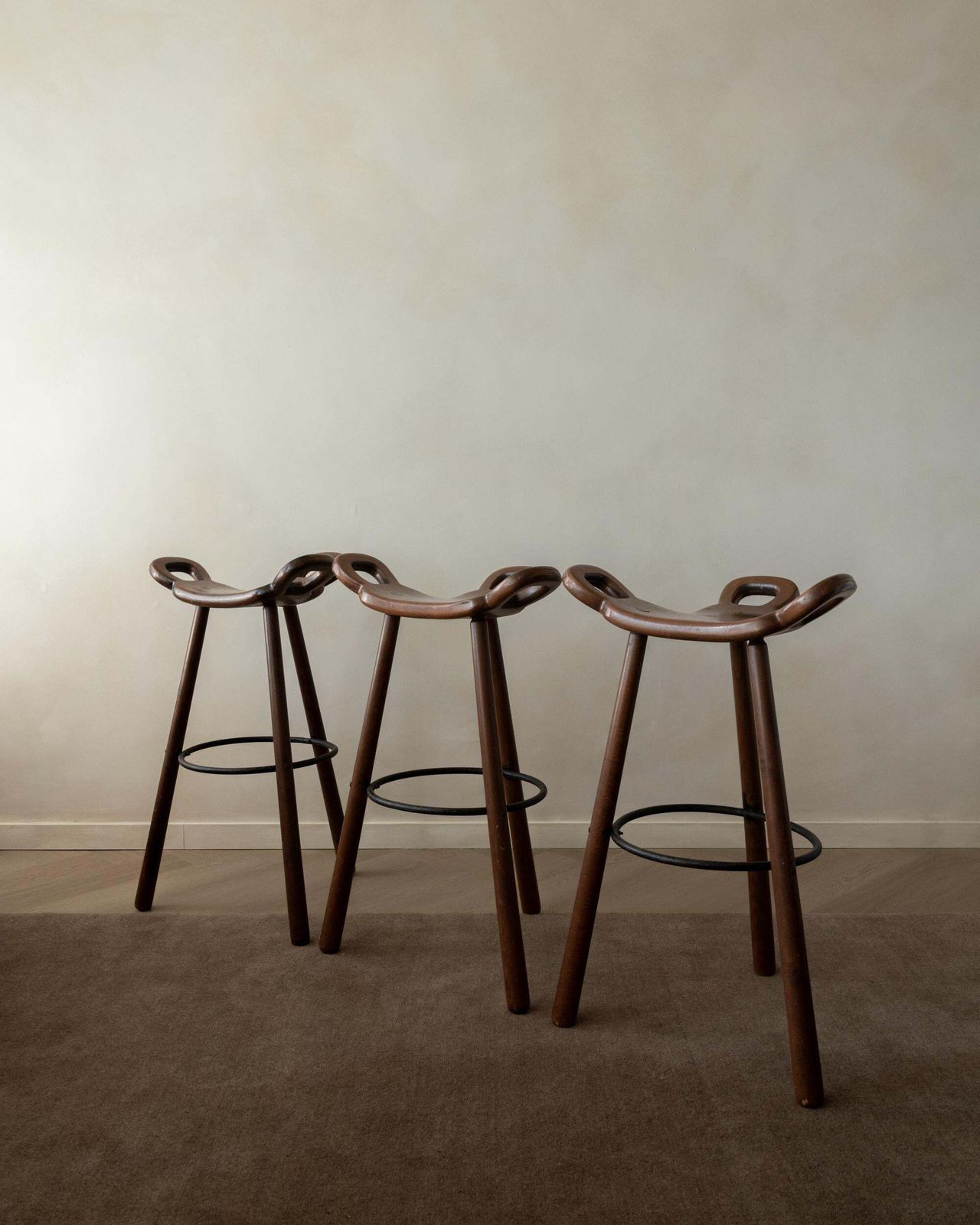 Spanish Brutalist Wooden Marbella Bar Stools By Confonorm, 1970s, Set Of 3 photo furniture