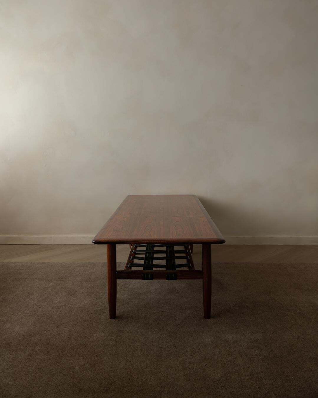Rosewood Coffee Table With Leather Magazine Shelf By Topform, Mid Century, 1960s photo Furniture