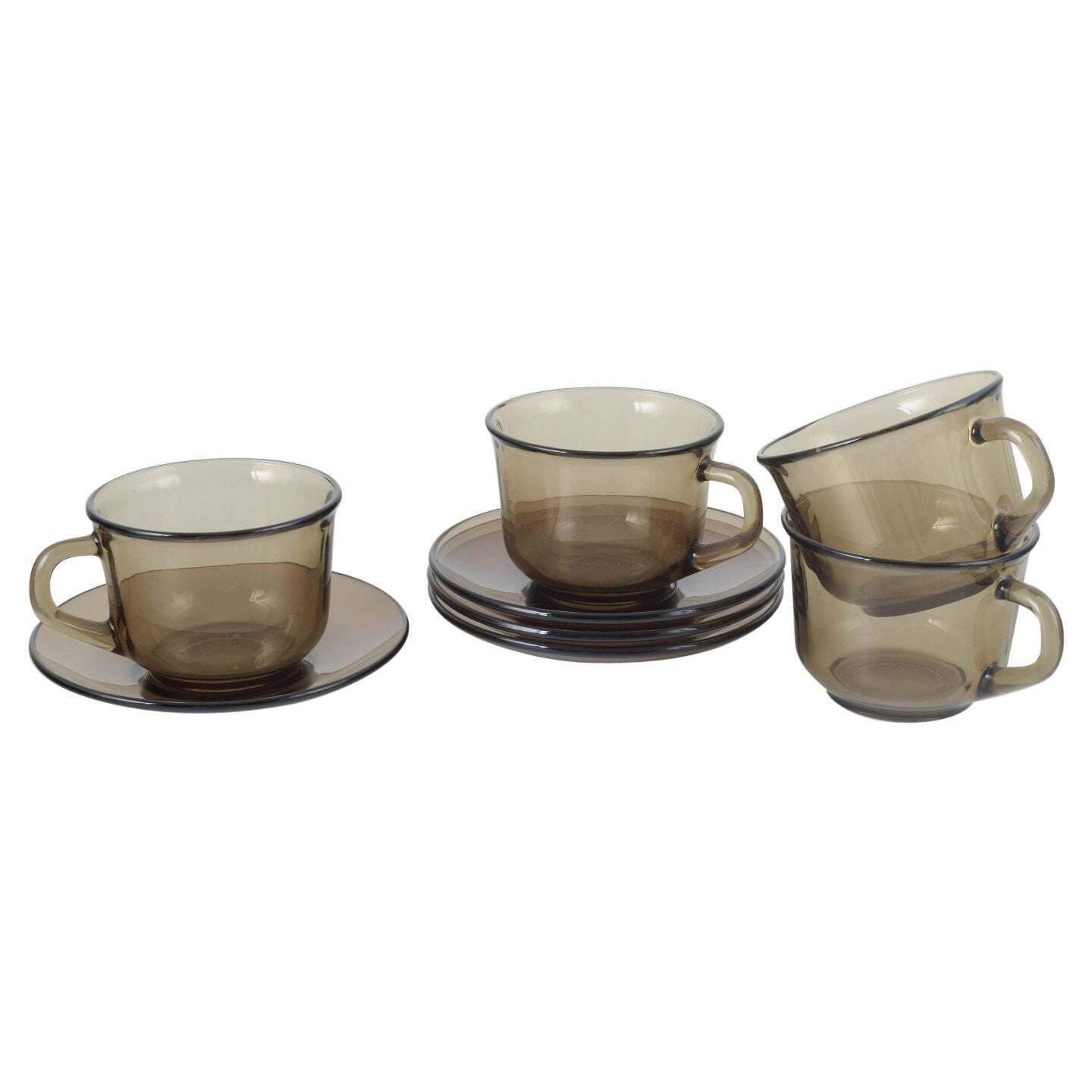 Vereco, France. Set Of Four Cups And Four Saucers In Smoked Glass. 1970s.