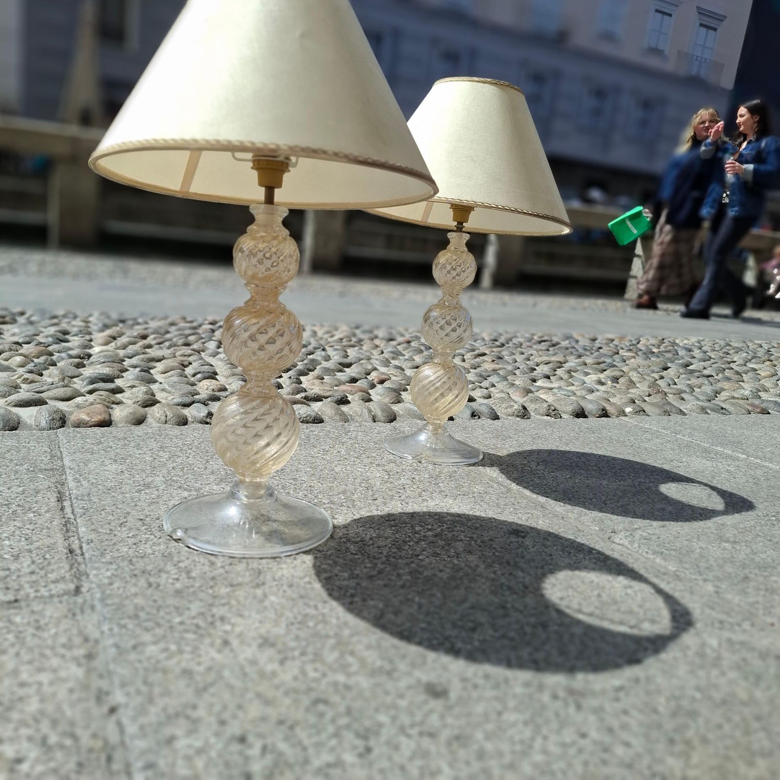 photo furniture Venini Couple Table Lamps 1950s Murano Glass Gold Fabric Lampshades Italy