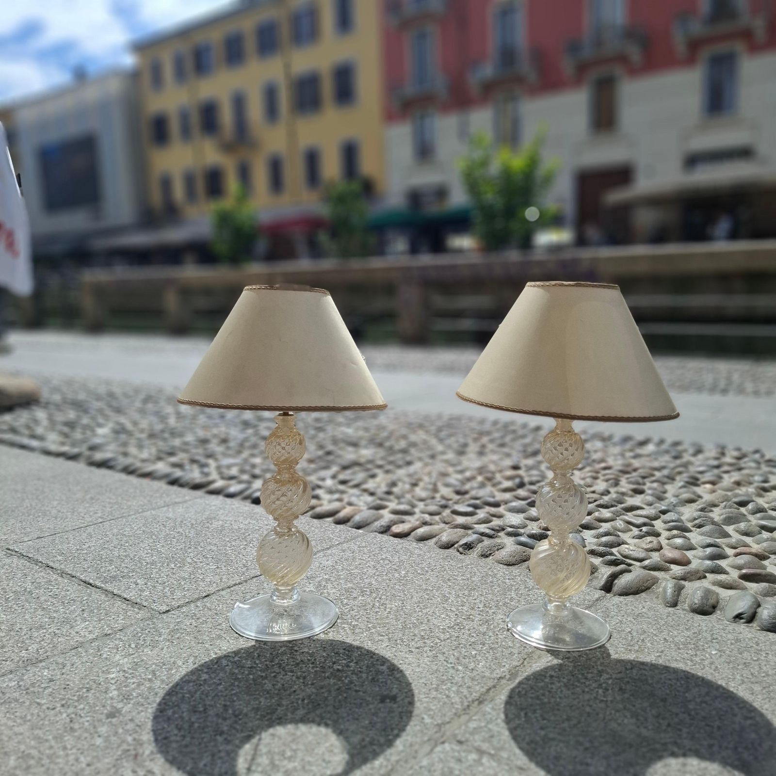 Lighting Venini Couple Table Lamps 1950s Murano Glass Gold Fabric Lampshades Italy photo