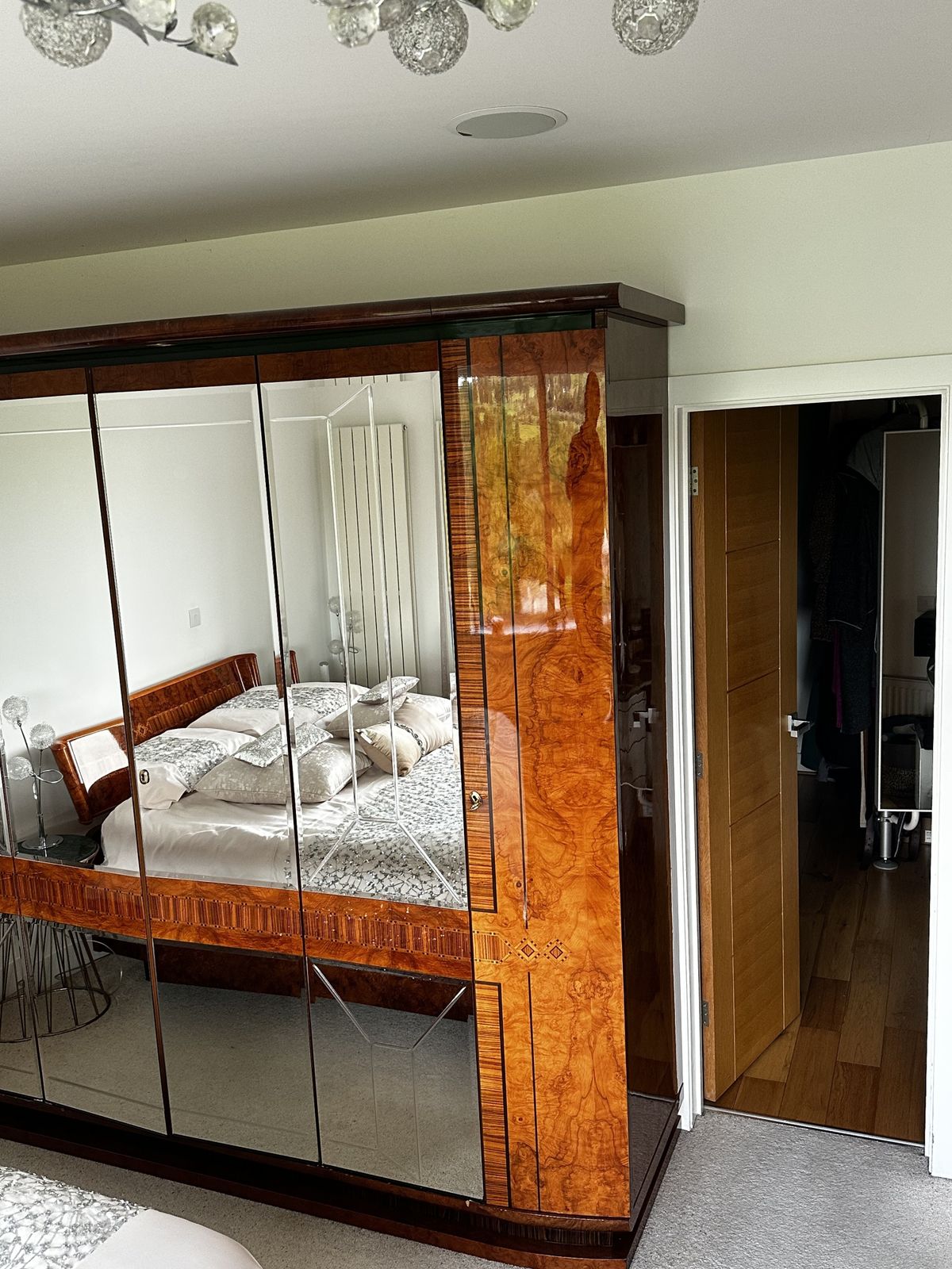 Spectacular Art Deco Revival Wardrobe + Chest Of Drawers + 2 X Side Cabinets. Featuring Highly Figured Burr Wood Veneers, Mirrored Geometric Panels, Marquetry Detailing, And A Piano Gloss Finish. photo furniture