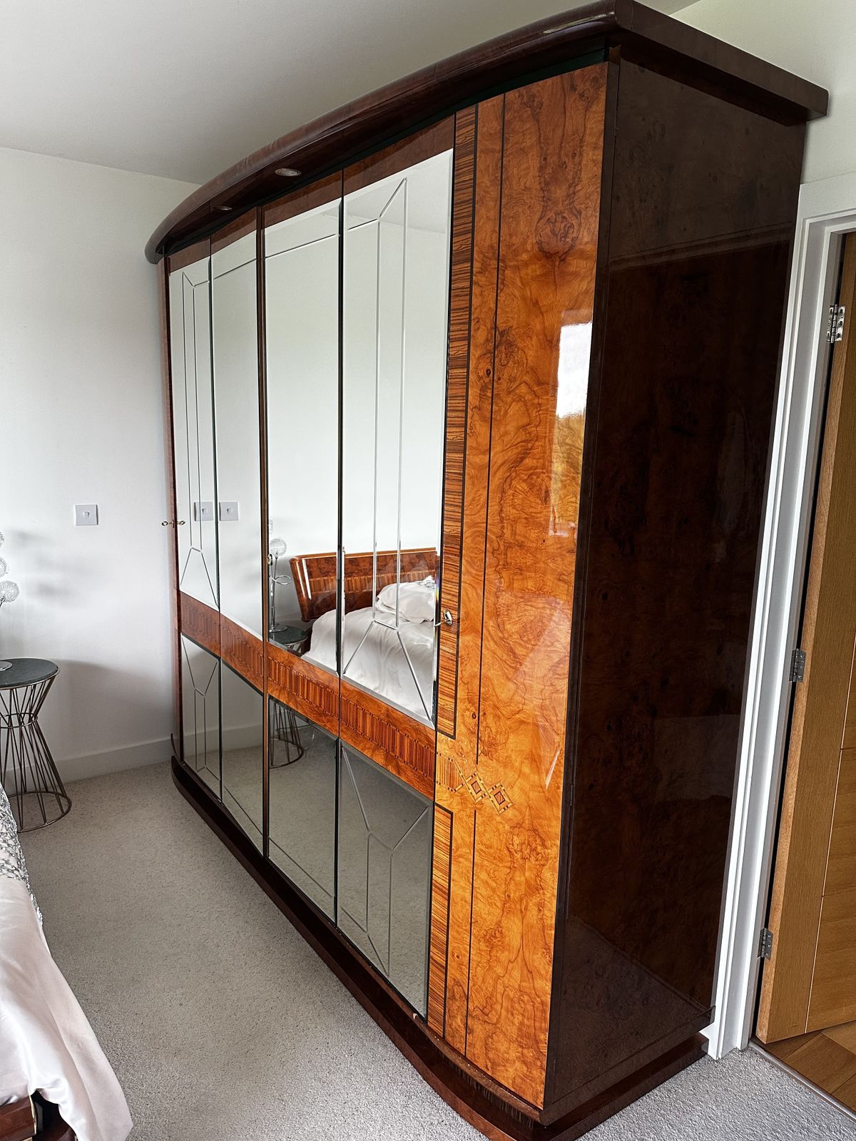 Spectacular Art Deco Revival Wardrobe + Chest Of Drawers + 2 X Side Cabinets. Featuring Highly Figured Burr Wood Veneers, Mirrored Geometric Panels, Marquetry Detailing, And A Piano Gloss Finish. photo 3999.0