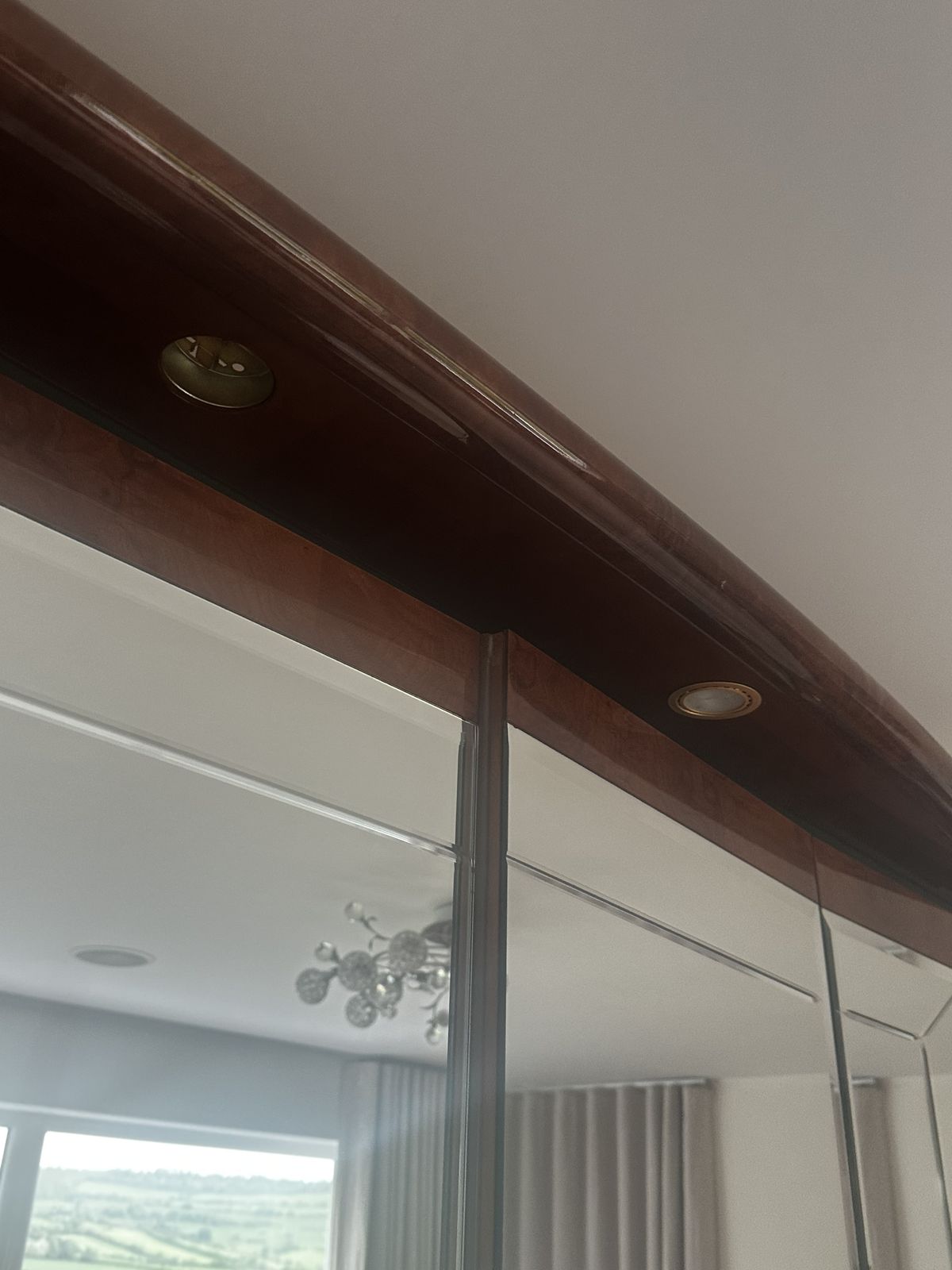 3999.0 Spectacular Art Deco Revival Wardrobe + Chest Of Drawers + 2 X Side Cabinets. Featuring Highly Figured Burr Wood Veneers, Mirrored Geometric Panels, Marquetry Detailing, And A Piano Gloss Finish. photo