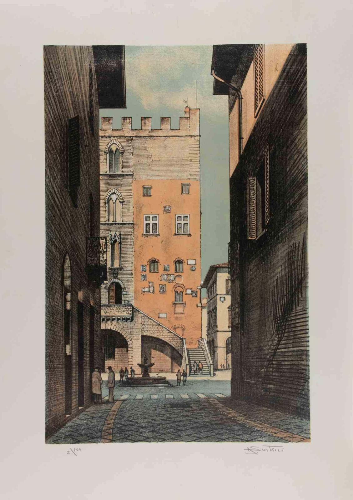 Beatuful Glimpse Of Prato   Lithograph By Abramo Scortecci   1990s
