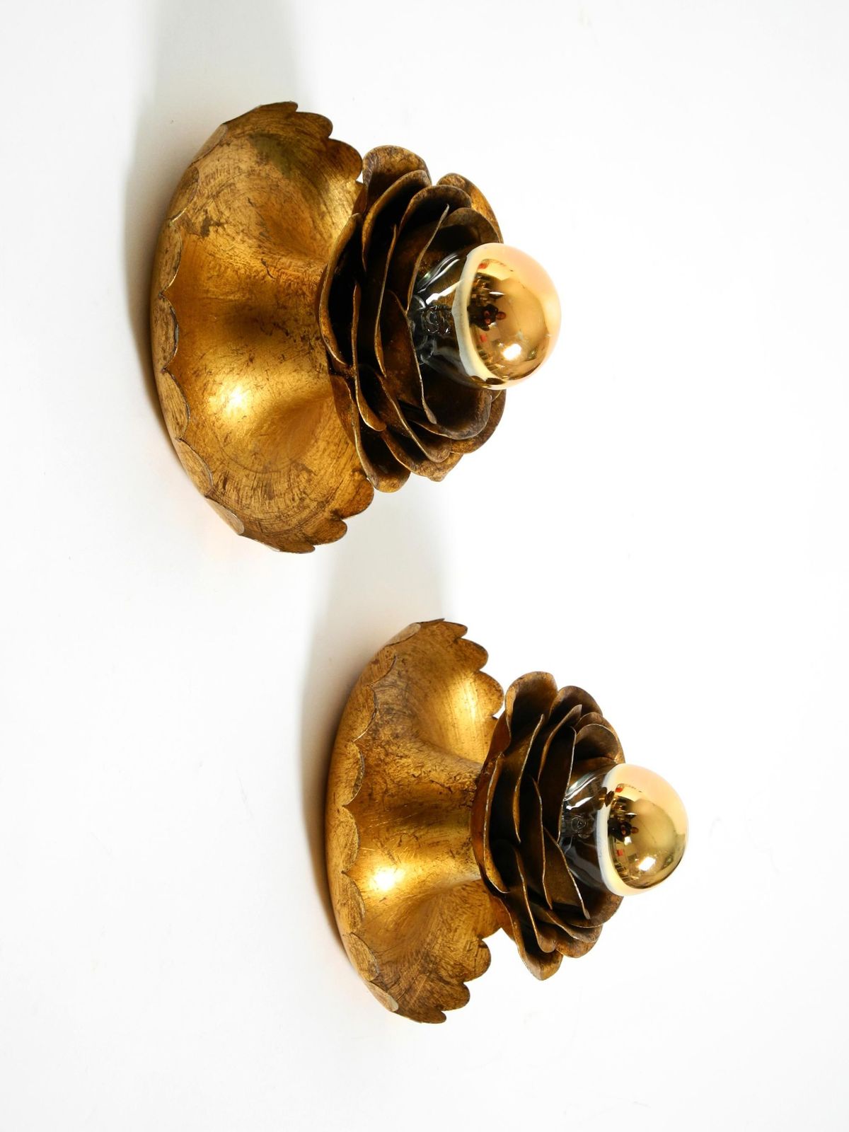 photo for sale Two Beautiful Gilt "Water Lily" Wall Lamps By Banci Firenze, Italy 1960s