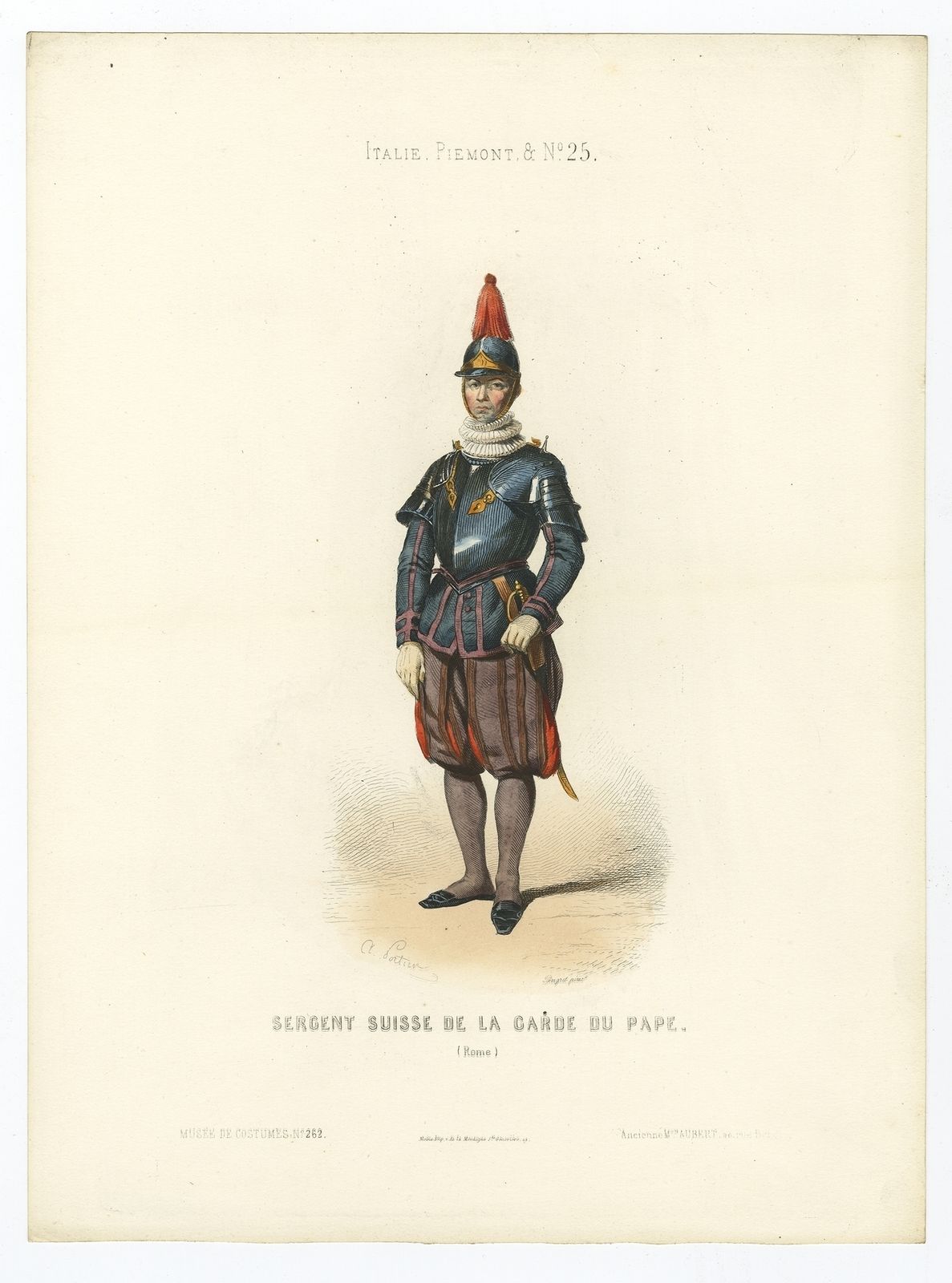 Antique Print Of A A Swiss Sergeant Of The Popes Guard By Aubert (1850)