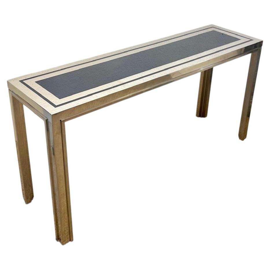 Large Vintage Chrome & Blue Glass Console Table By Liwan's Roma