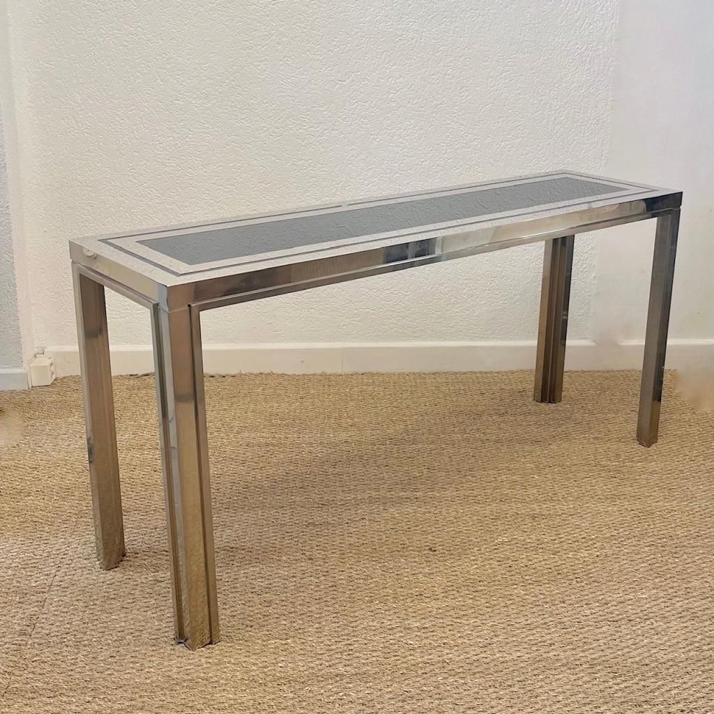 Large Vintage Chrome & Blue Glass Console Table By Liwan's Roma photo for sale