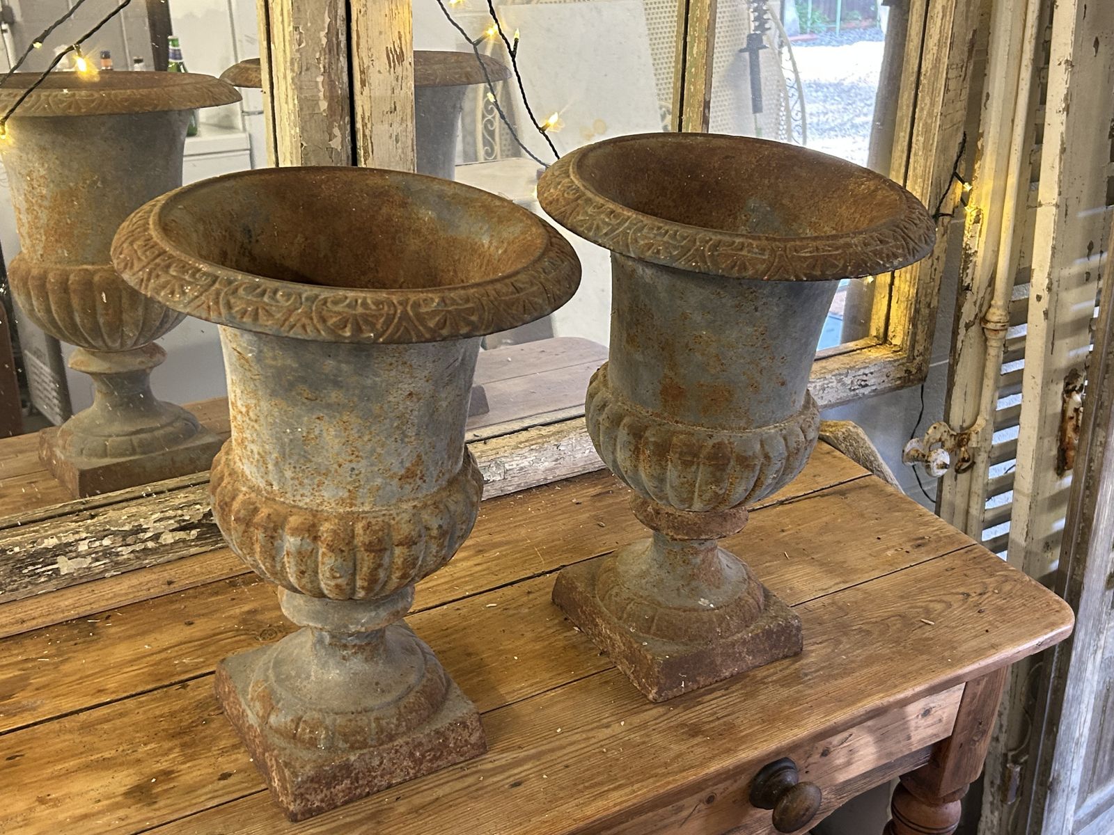 Pair Of Antique French Cast Iron Medici Garden Urns With Superb Patina