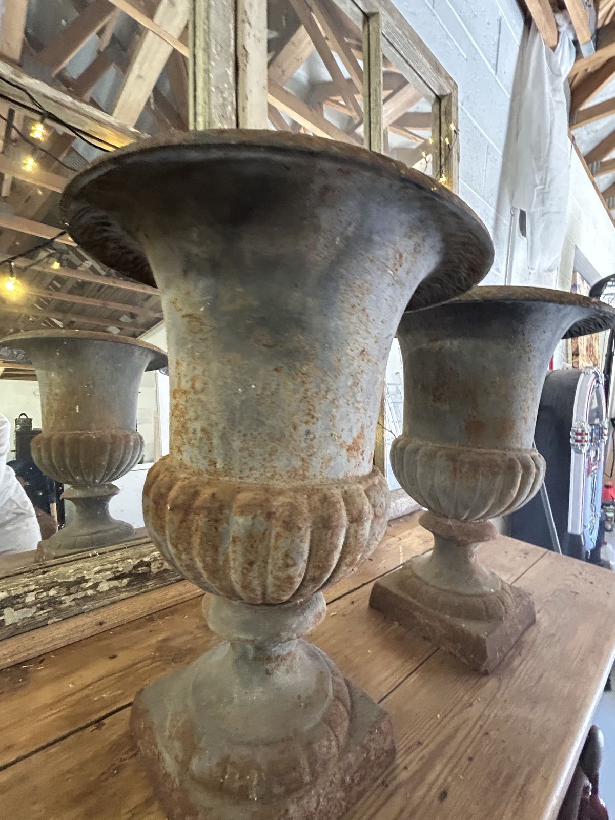 Pair Of Antique French Cast Iron Medici Garden Urns With Superb Patina photo for sale