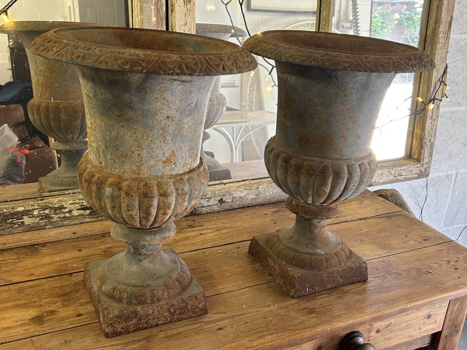 Pair Of Antique French Cast Iron Medici Garden Urns With Superb Patina photo 450.0