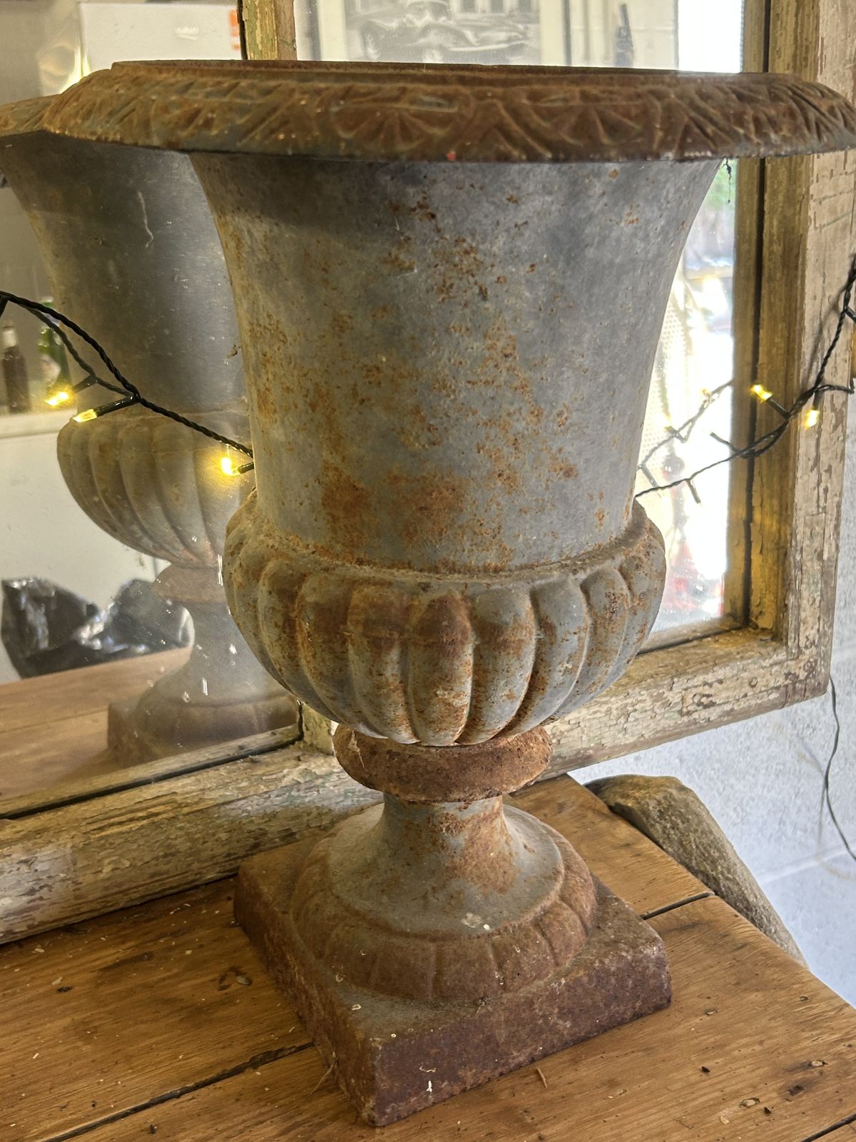 Pair Of Antique French Cast Iron Medici Garden Urns With Superb Patina photo vinterior