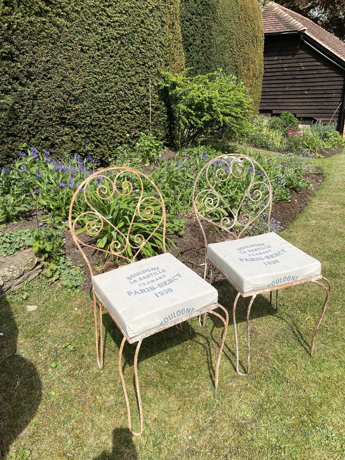 Antique Metal Chairs With Paris Bercy Seats, Rust & Flecked White Paint Patina
