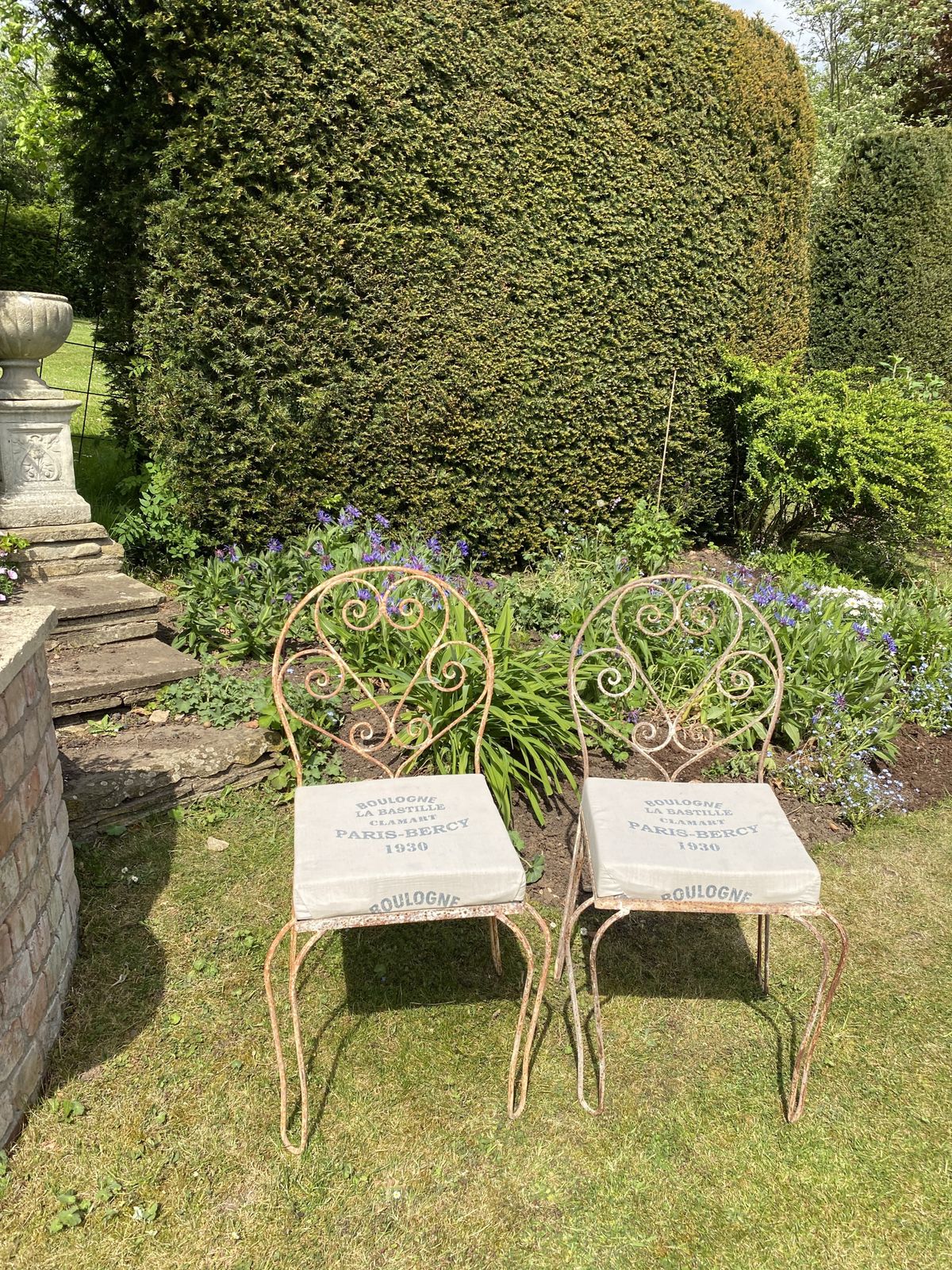 Antique Metal Chairs With Paris Bercy Seats, Rust & Flecked White Paint Patina photo furniture