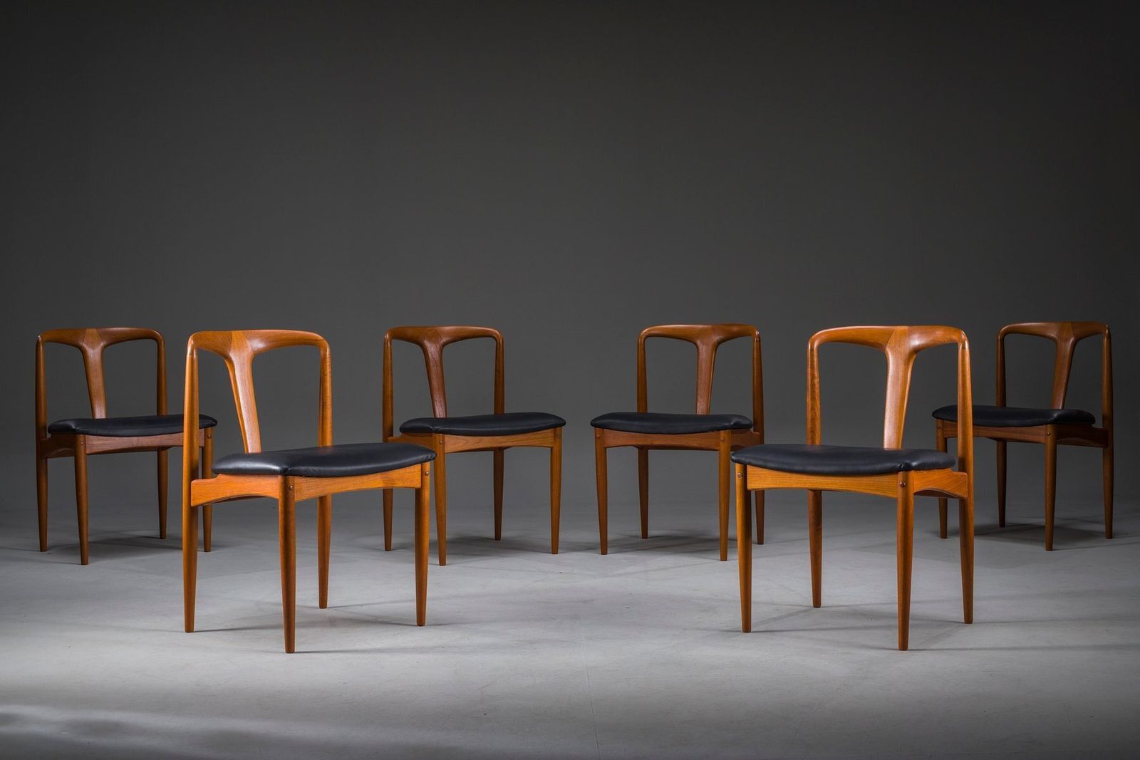 Juliane Dining Chairs In Teak And Black Leather By Johannes Andersen For Uldum Møbelfabrik, Denmark, 1960s, Set Of 6