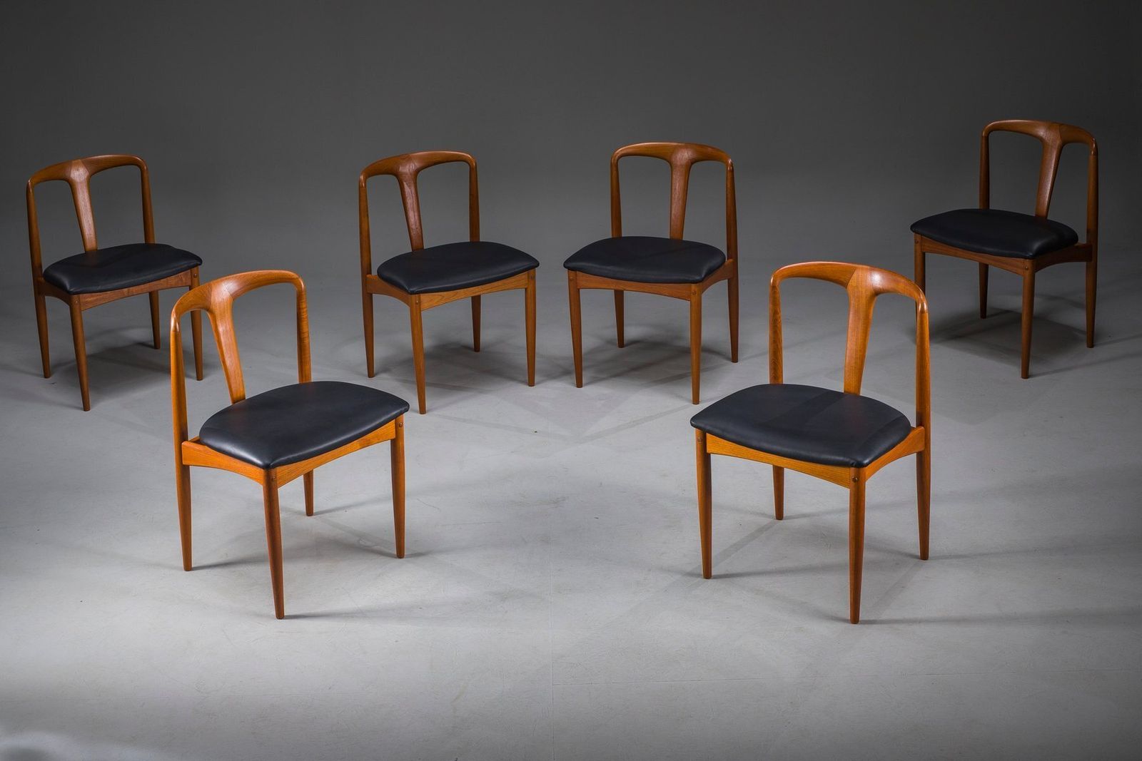 Furniture Juliane Dining Chairs In Teak And Black Leather By Johannes Andersen For Uldum Møbelfabrik, Denmark, 1960s, Set Of 6 photo