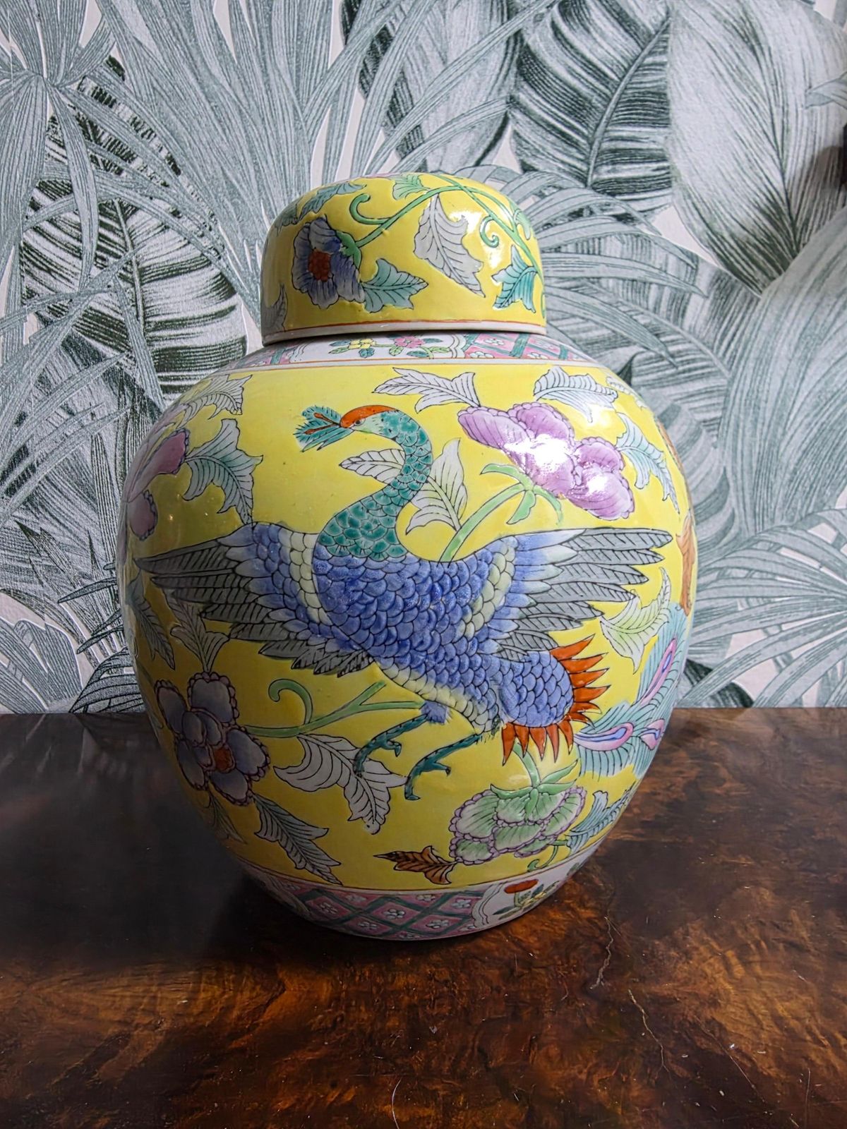 Chinese Porcelain Decorative Yellow Vase With Flowers And Leaves 1960s photo furniture