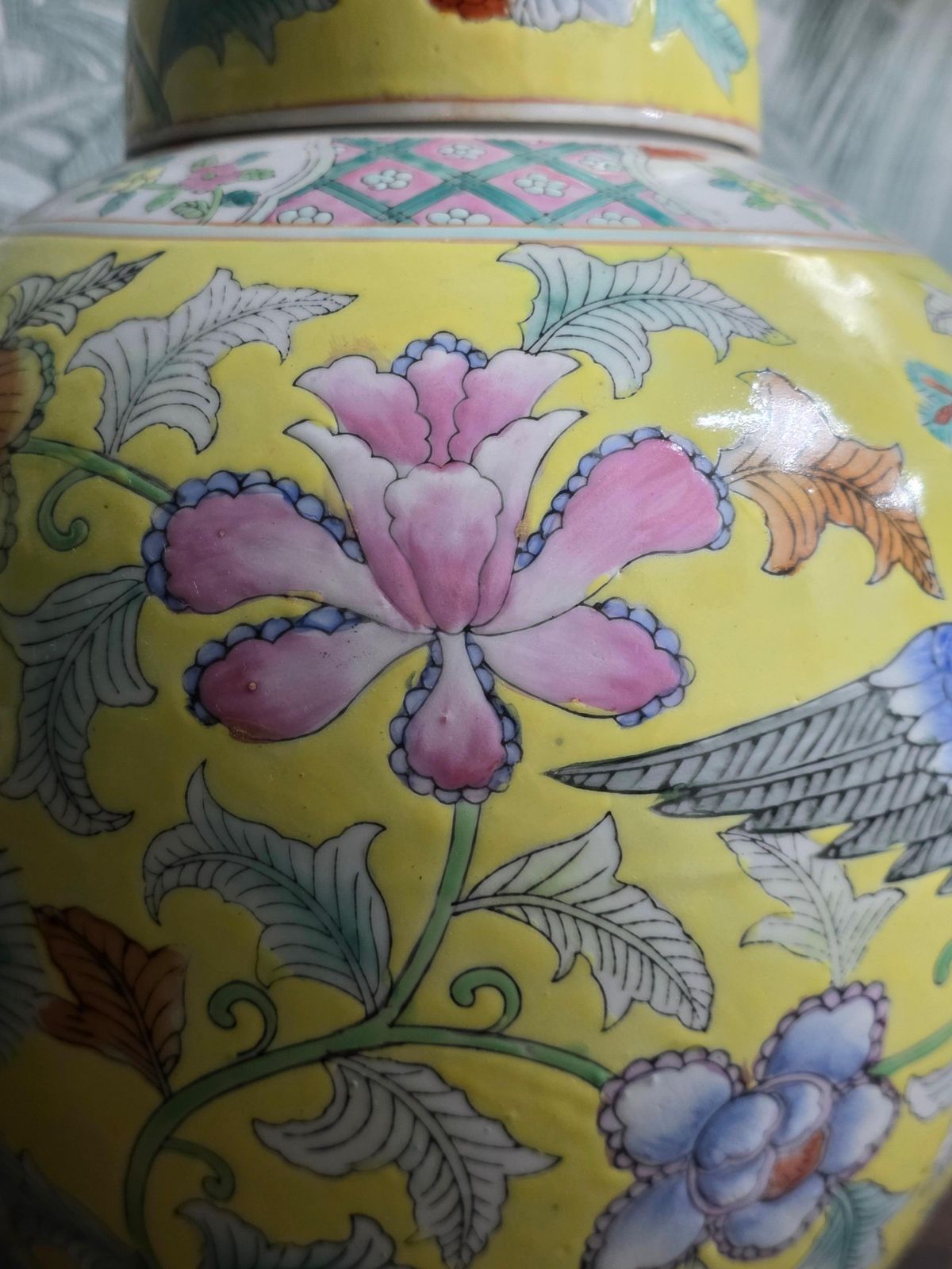 Chinese Porcelain Decorative Yellow Vase With Flowers And Leaves 1960s photo 626.0