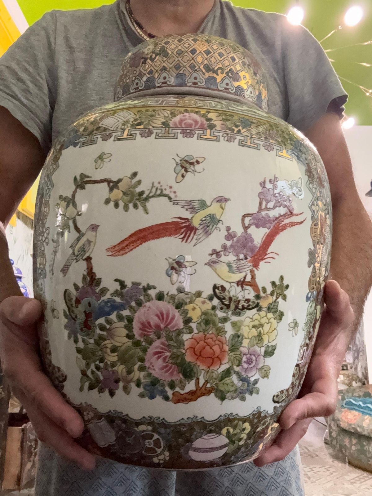 photo for sale Large China 1940s Vase With Gold Decorative Flowers And Characters Art Deco