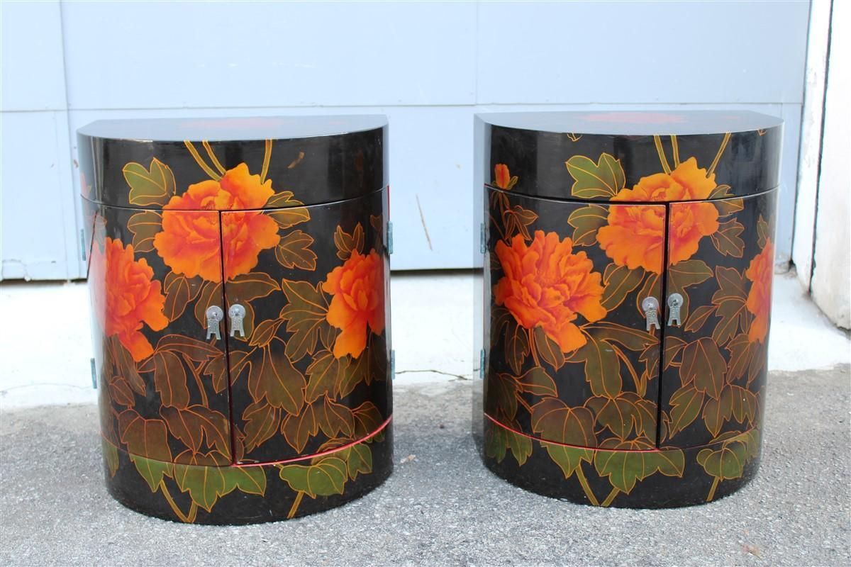 Pair Of Decorative Chinese Lacquer Nightstands With Red Flowers 1960 Black Ground photo for sale