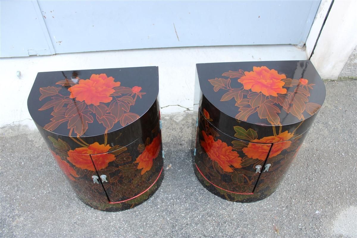 Pair Of Decorative Chinese Lacquer Nightstands With Red Flowers 1960 Black Ground photo vinterior