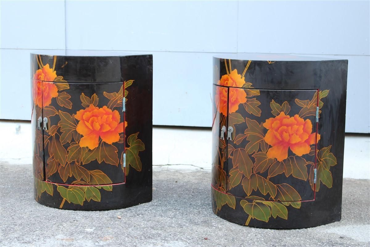 photo buy Pair Of Decorative Chinese Lacquer Nightstands With Red Flowers 1960 Black Ground