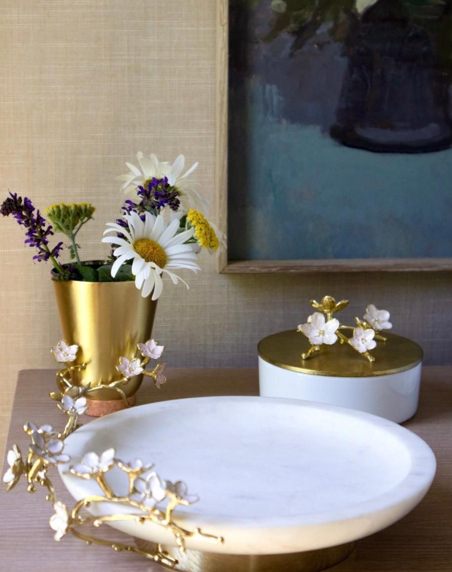 Cherry Blossom Trinket Trays In Pink Marble And Gold Tone Japanese Style photo for sale
