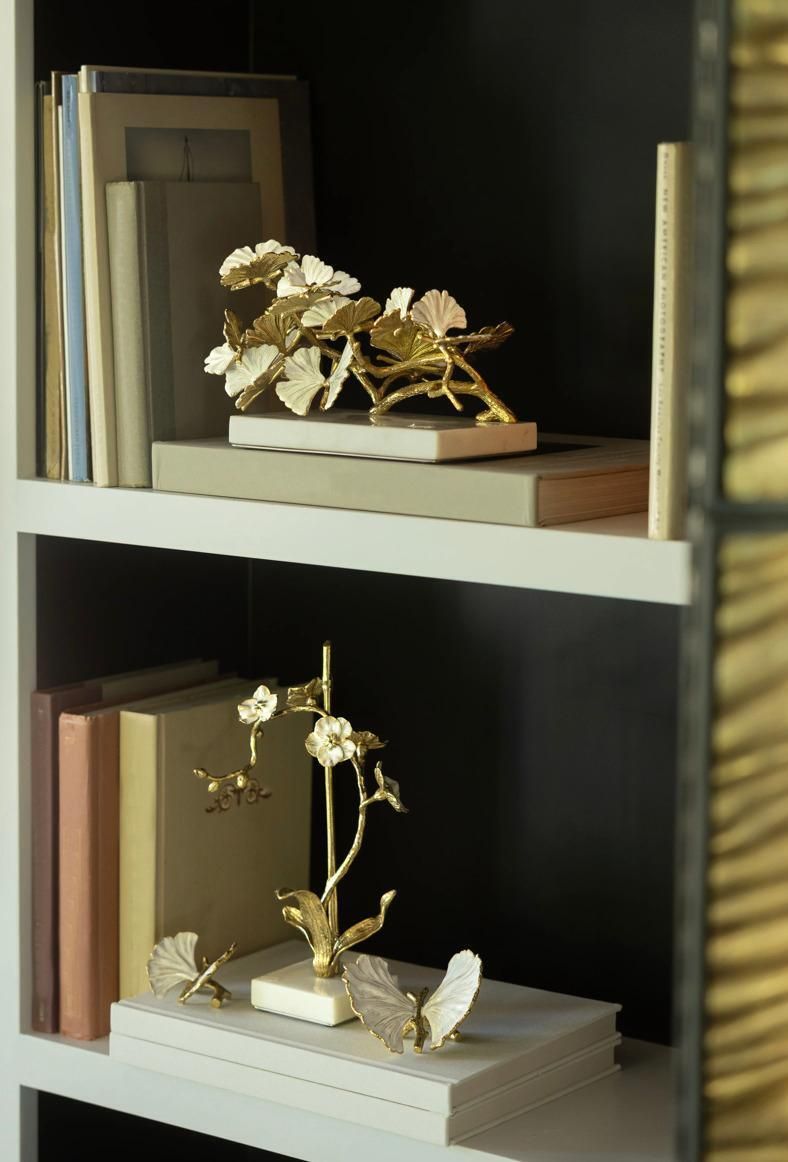 Set Of 4 Orchid Sculptures In Brass, White Enamel And Marble, Contemporary Style photo for sale