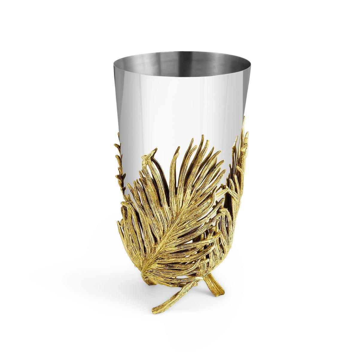 Pair Of Medium Contemporary Silver Metal And Gold Palm Leaf Vase photo Home Decor