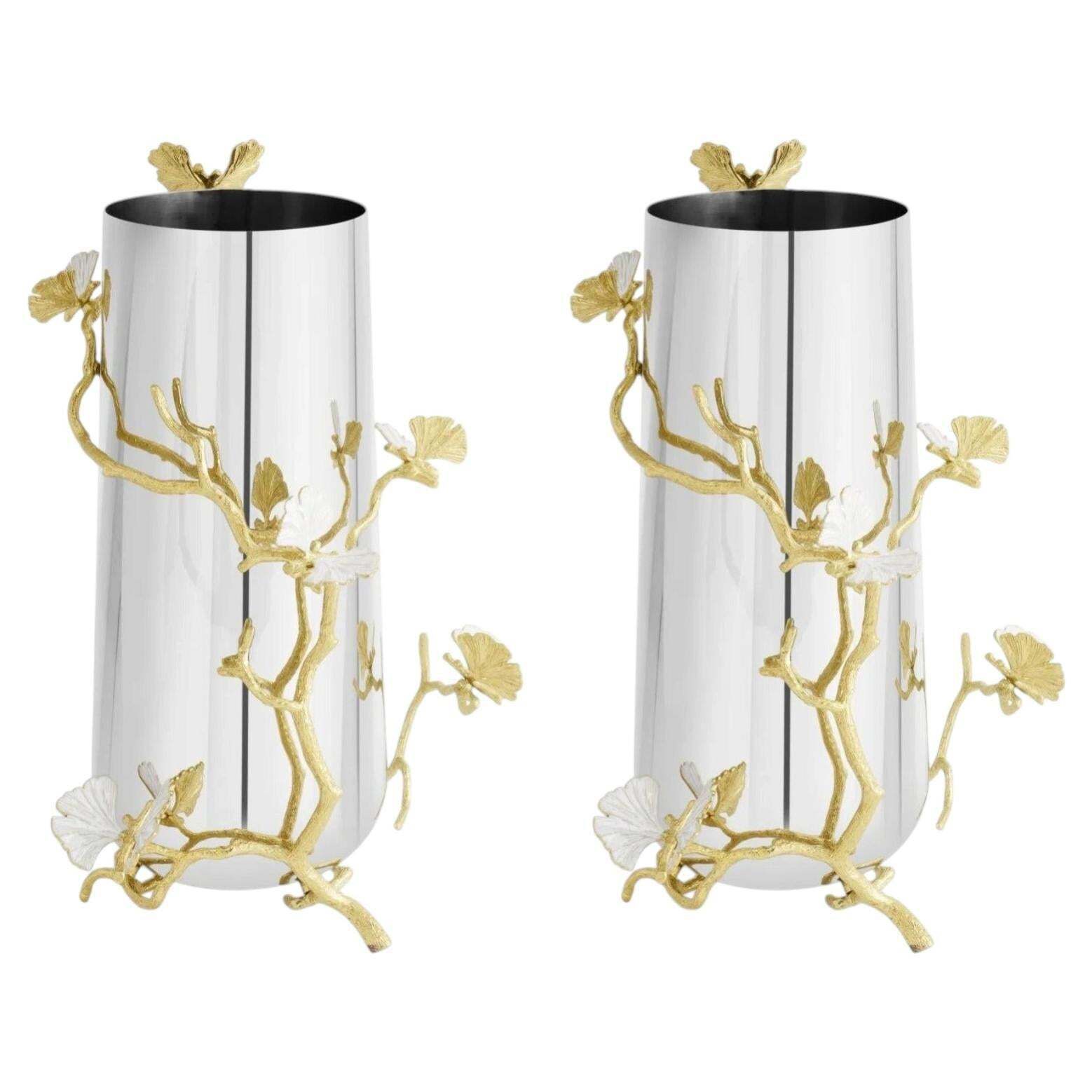 Pair Of Large Contemporary Silver And Gold Metal Butterfly Ginkgo Vase