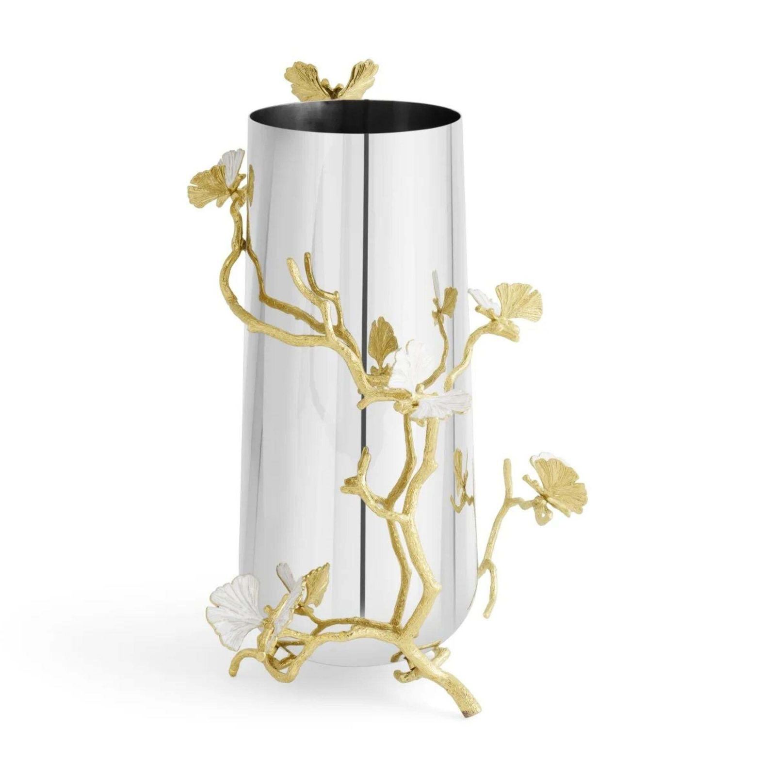 Pair Of Large Contemporary Silver And Gold Metal Butterfly Ginkgo Vase photo vinterior