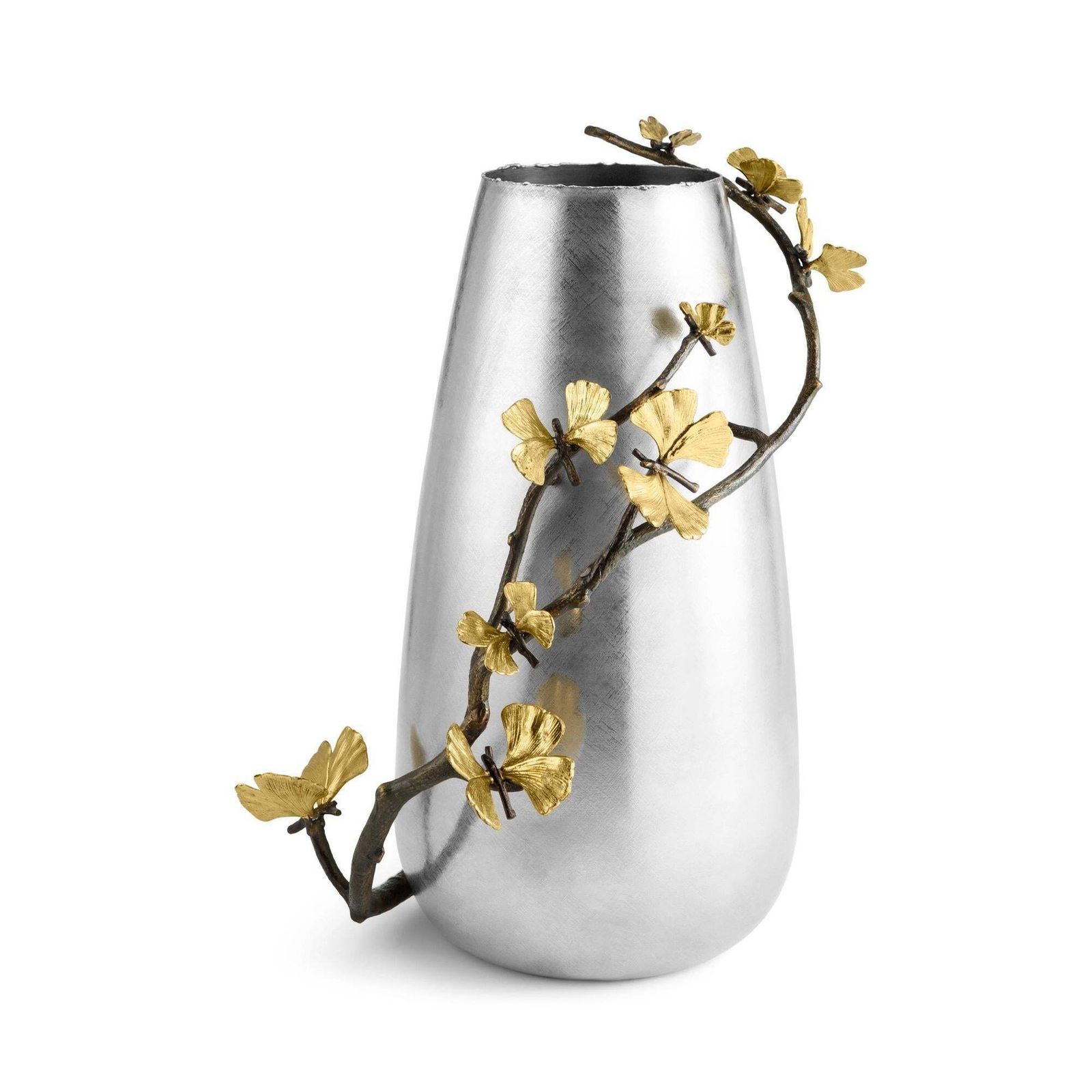 Pair Of Contemporary Silver And Gold Metal Ginkgo Centerpiece Vase photo for sale