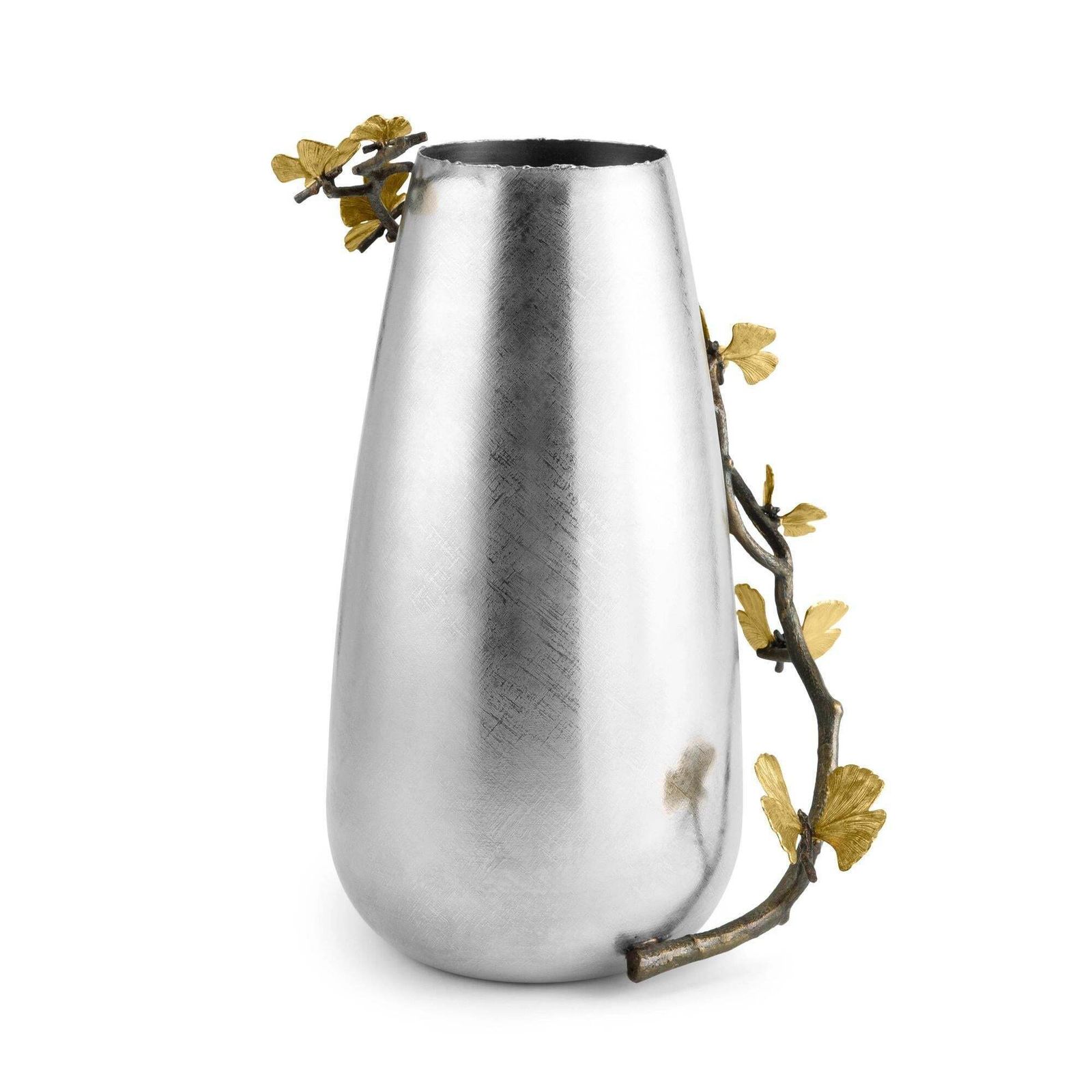 Pair Of Contemporary Silver And Gold Metal Ginkgo Centerpiece Vase photo vinterior