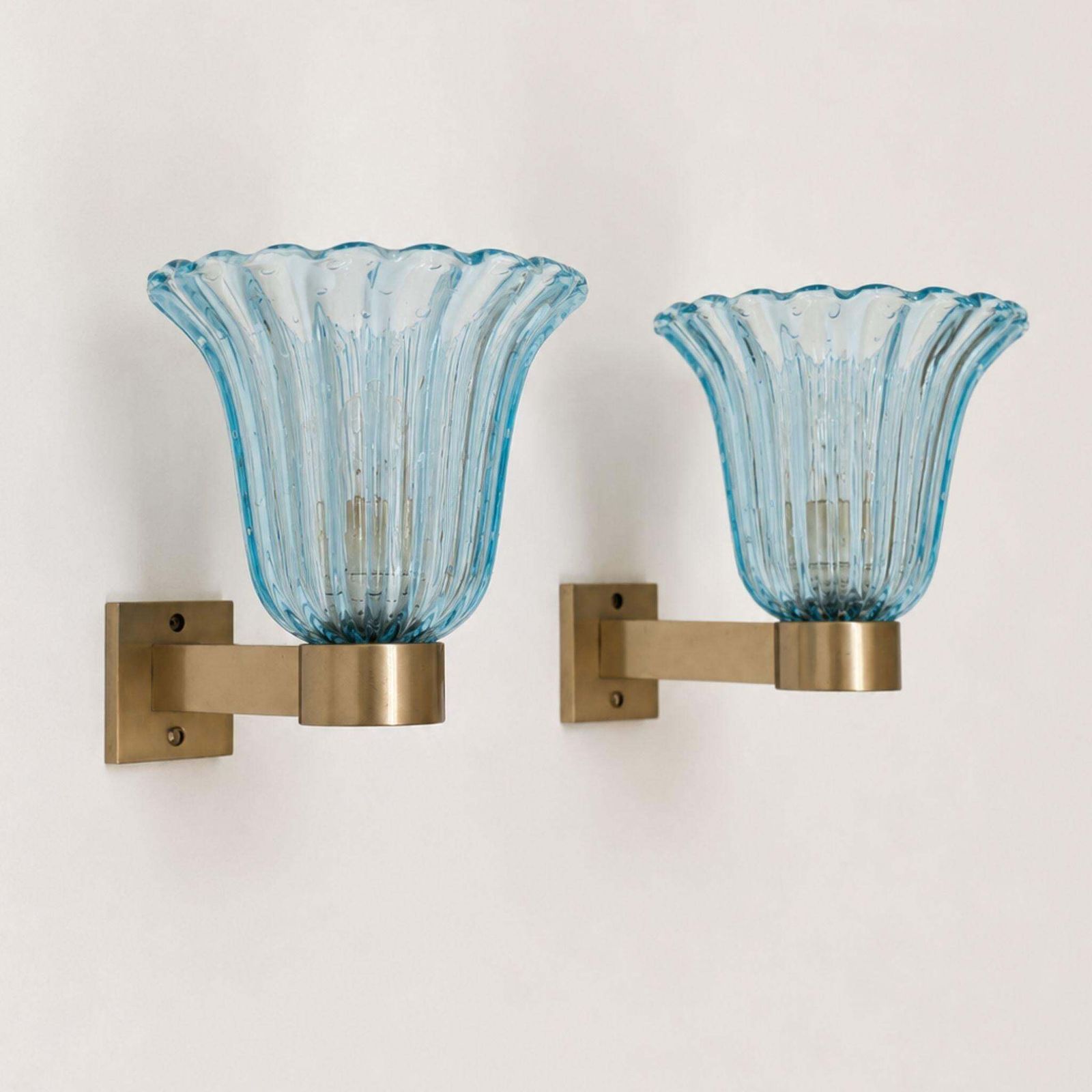 Mid Century Modern Blue Sconces Murano Glass Brass Wall Lights By Barover & Toso photo 1915.0