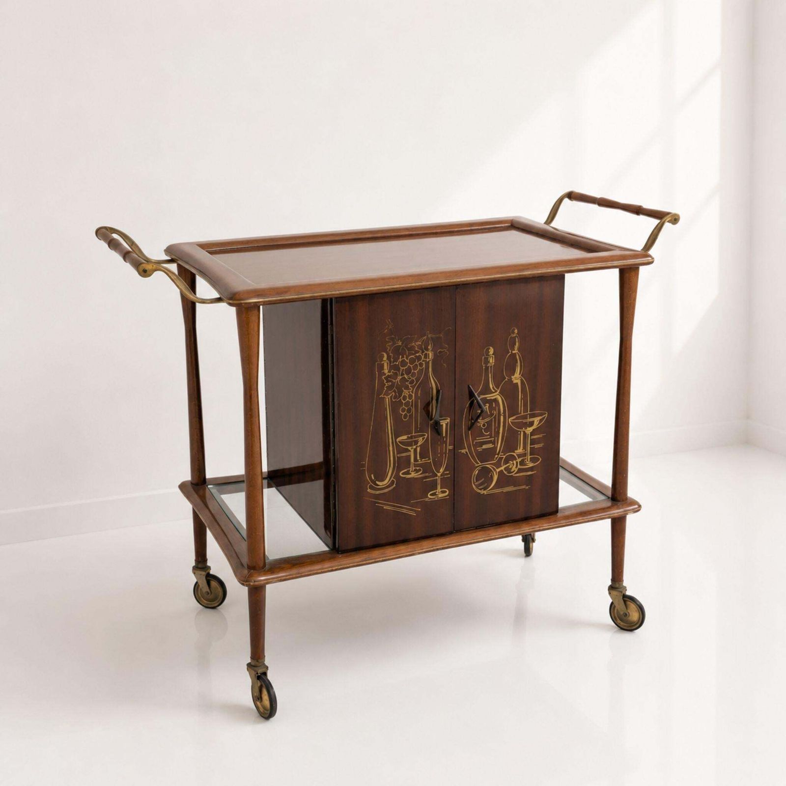 Italian Mid Century Modern Bar Cart Wood Brass Trolley Bar Attributed Ico Parisi photo for sale