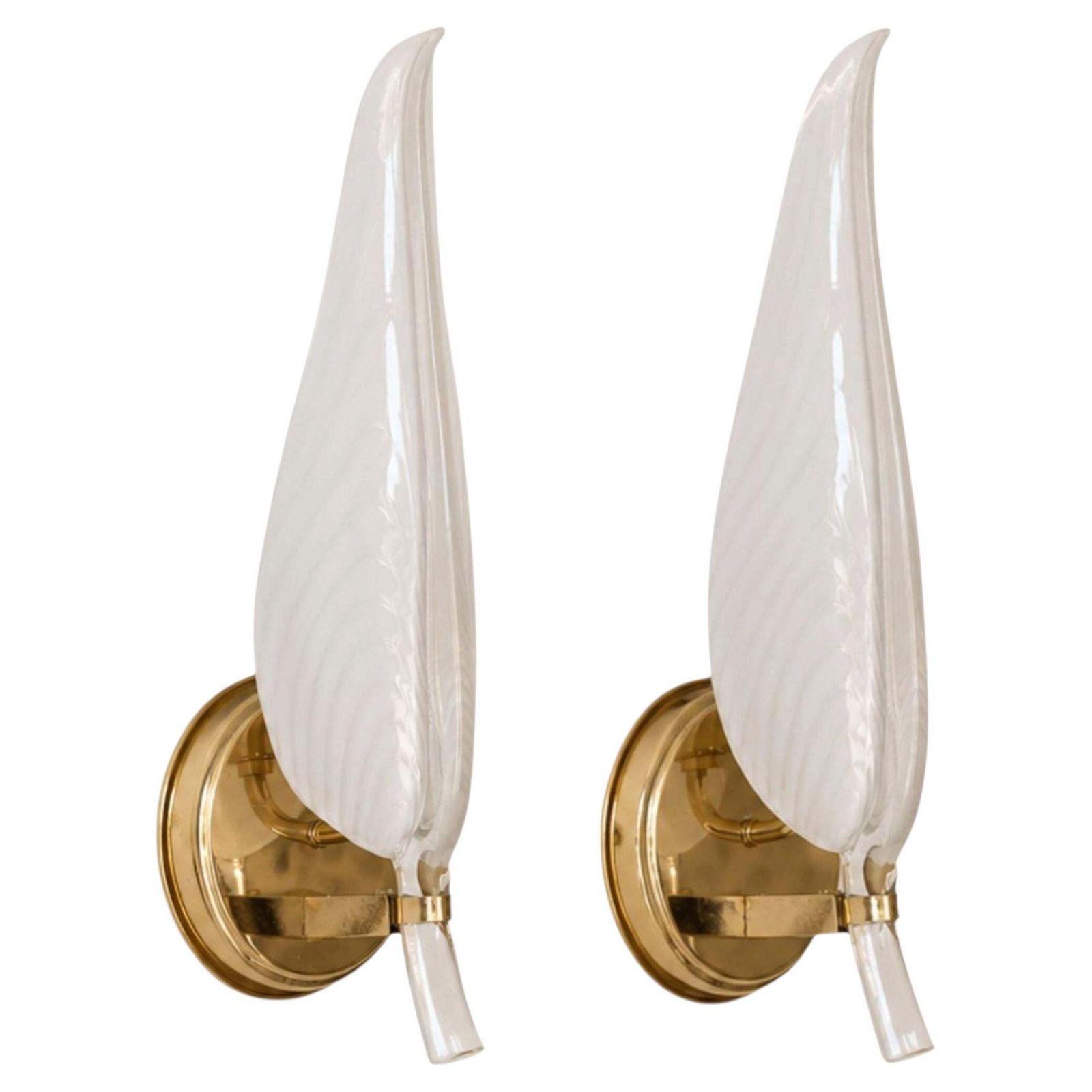 Pair Wall Lights Murano Glass Leaf Sconces Brass By Franco Luce, Italy, 1970s
